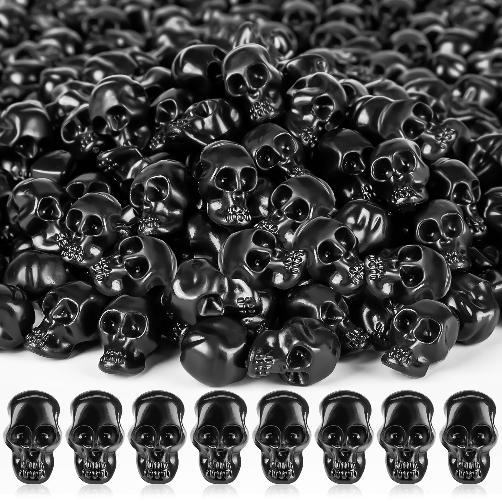115pcs mini plastic skull heads, black miniature small skulls, halloween skeleton figurines for pranks, crafts, bar, trick toy