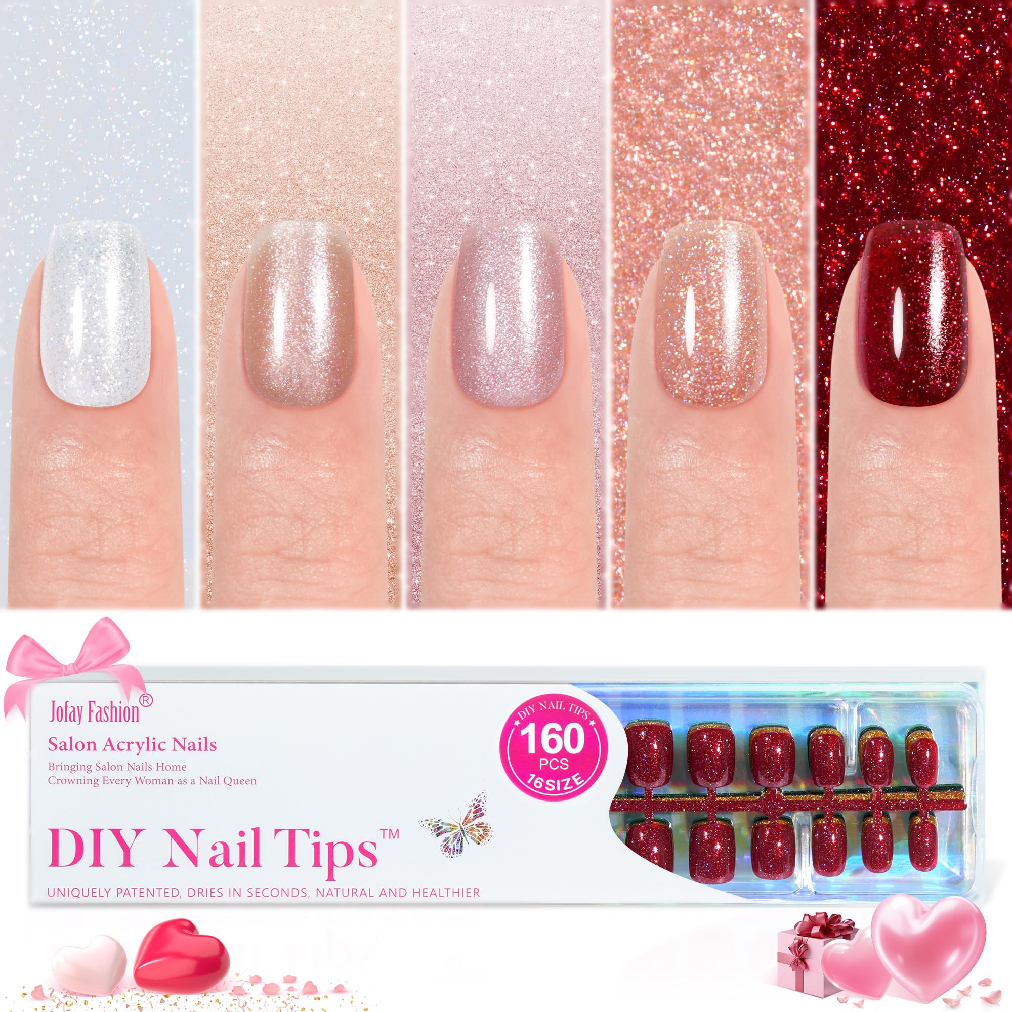 Press on Nails Short 5 Styles, Jofay Fashion 160Pcs Valentines Nails Red Press on Nails, Square Glitter Fake Nails with Designs, Reusable Glossy