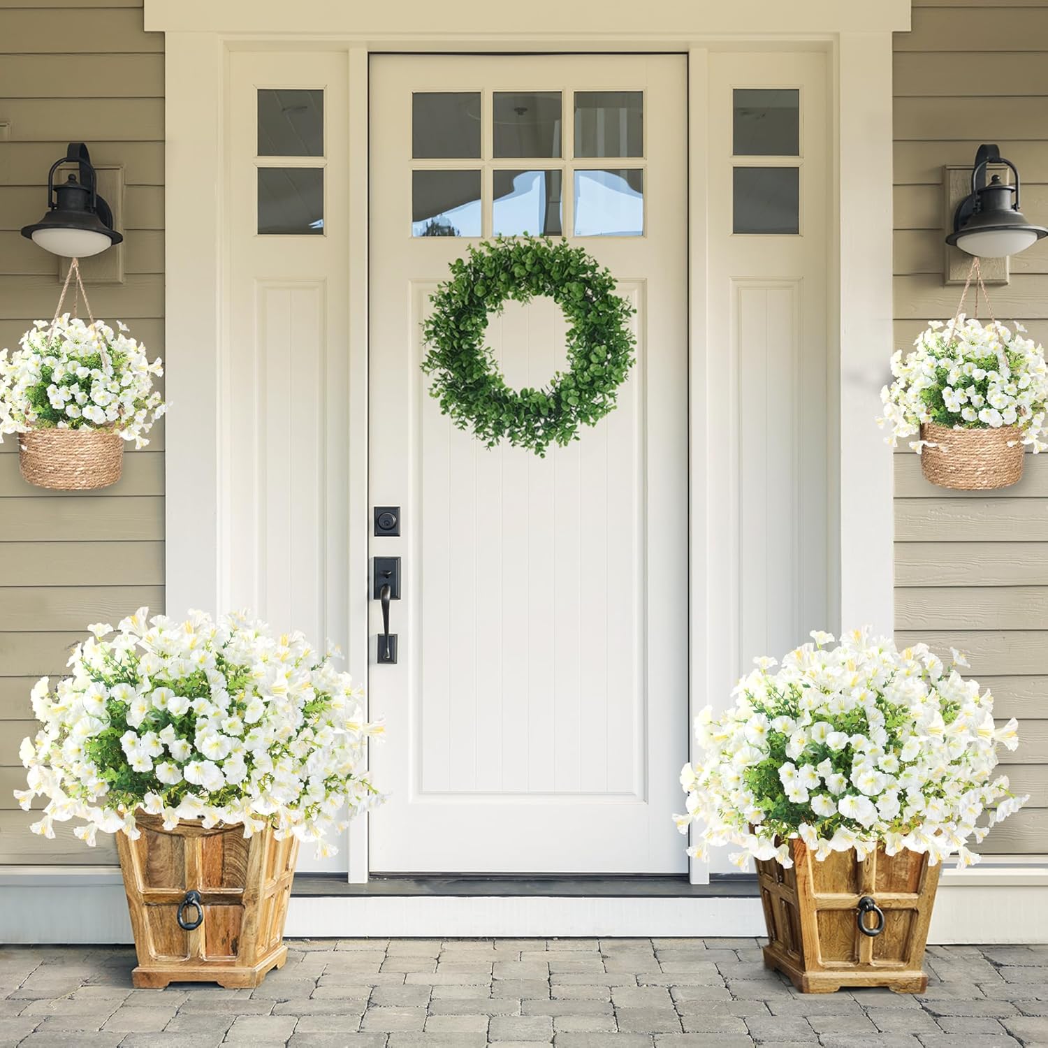 Artificial Flowers for Outdoors 12 Bundles Realistic Faux Plants UV Resistant Fake Silk Morning Glory with Eucalyptus for Front Door Planter Patio Porch Outside Spring Summer Decoration (White) - Image 2