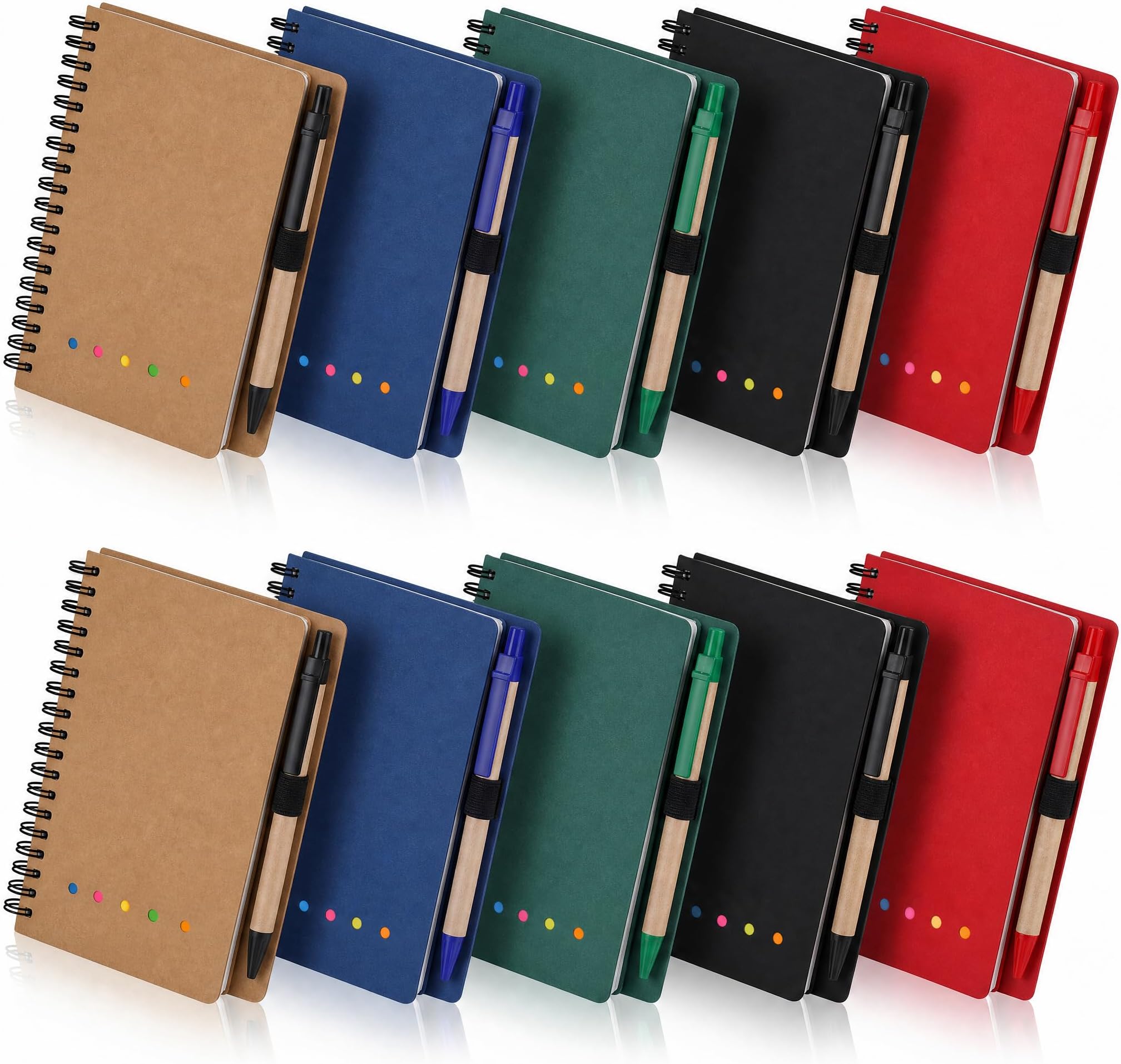 SOUJOY 10 Pack Lined Spiral Notebook, A5 Notepad with Pen, Kraft Paper Notebook with Sticky Notes and Page Marker Colored Index Tabs for School Office