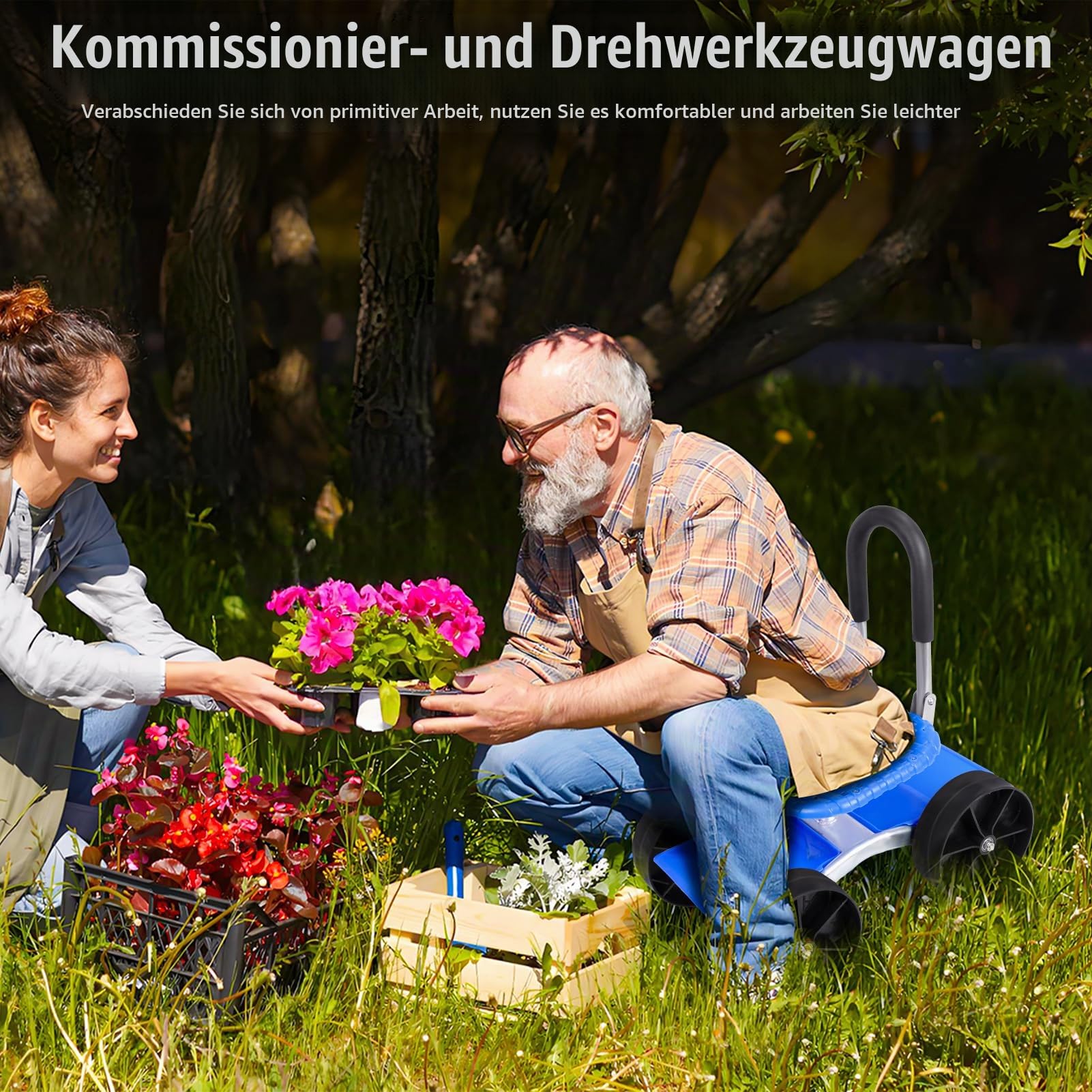 Gartenhocker mit Rollen, Rollsitz für Gartenarbeit, höhenverstellbar, 360° drehbarer, rollbarer Gartensitz mit Ablage, mobiler Arbeitshocker für Haushalt und Garten