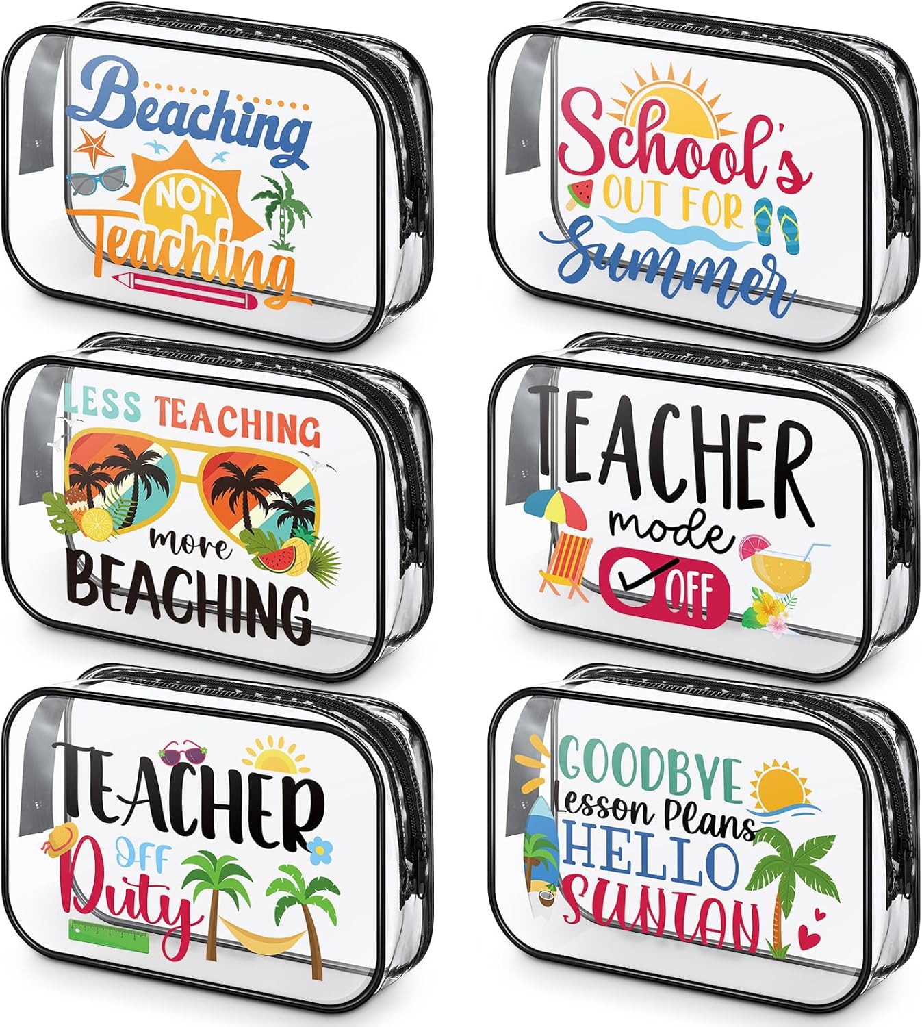 Tallew 6 Pcs Summer Teacher Gifts Beach Clear Makeup Bags Teacher PVC Cosmetic Bags with Survival Zipper Waterproof Portable Travel Toiletry Pouch Storage End of School Year Gifts for Women