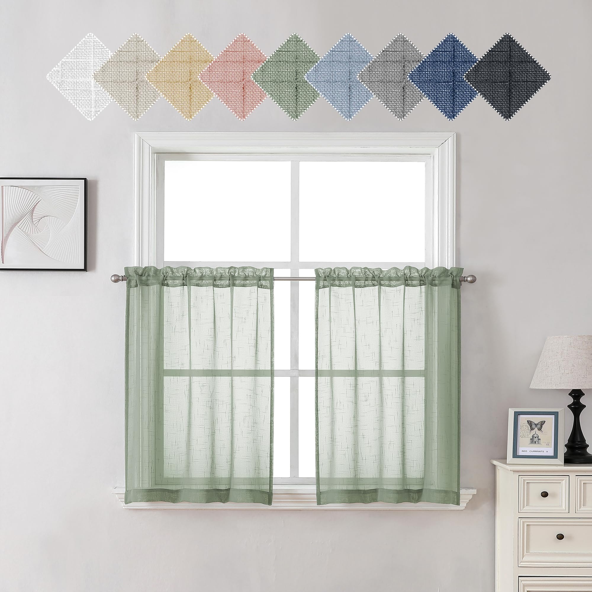 Aiyufeng Sage Green-Texture Sheer Sage Green Kitchen Curtains 24 Inch Length 2 Pcs, Semi Sheer Linen Curtains For Bedroom, Faux Linen Textured Burlap Short Tier Farmhouse Cafe Curtains For Small Windows, 30Wx24l Inch
