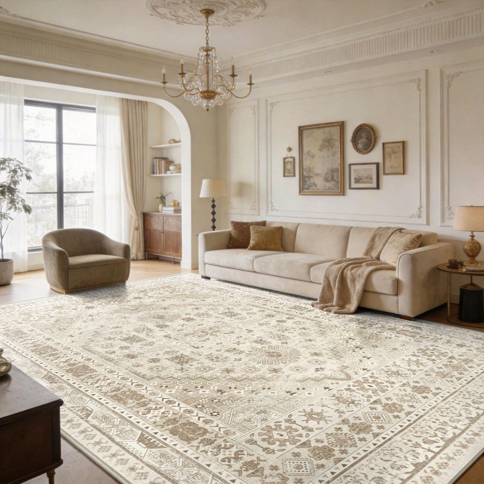 Capslpad Washable Rugs Living Room 240x340cm Distressed Vintage Area Rugs Non-Slip Traditional Oriental Bedroom Carpet Low Pile Thin Floor Mat Rug for Dining Room Kitchen Office Decor Beige - Image 4