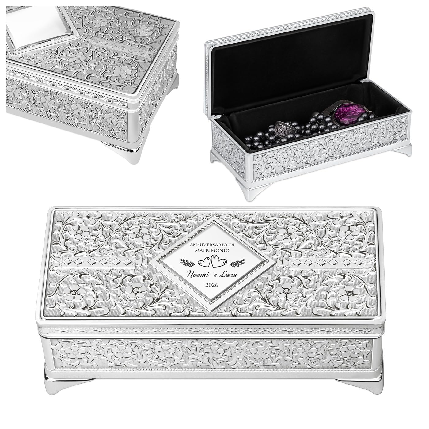 Maverton Portagioie in Acciaio Argentato Personalizzato | Porta Gioielli Rettangolare per Donna Coppia o Ragazza, 19x8.5x6.5 cm, Idea Regalo Donna Compleanno