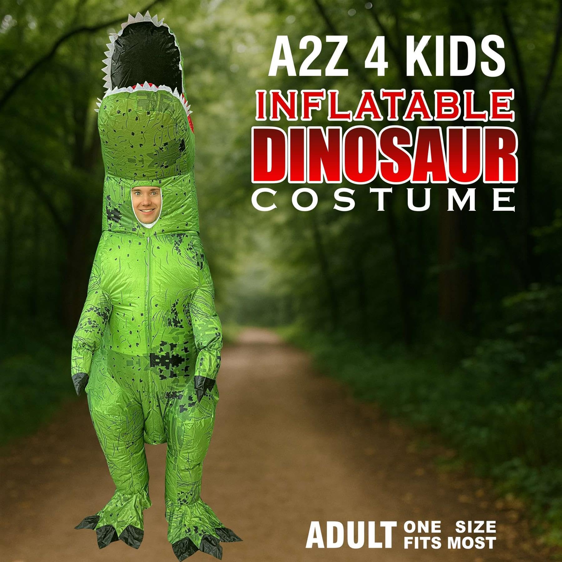 A2Z Disfraz inflable de dinosaurio para adultos con ventilador y caja de batería, divertido disfraz de T-Rex verde para hombres y mujeres, fiestas de Halloween, festivales, cosplay, carnavales, talla