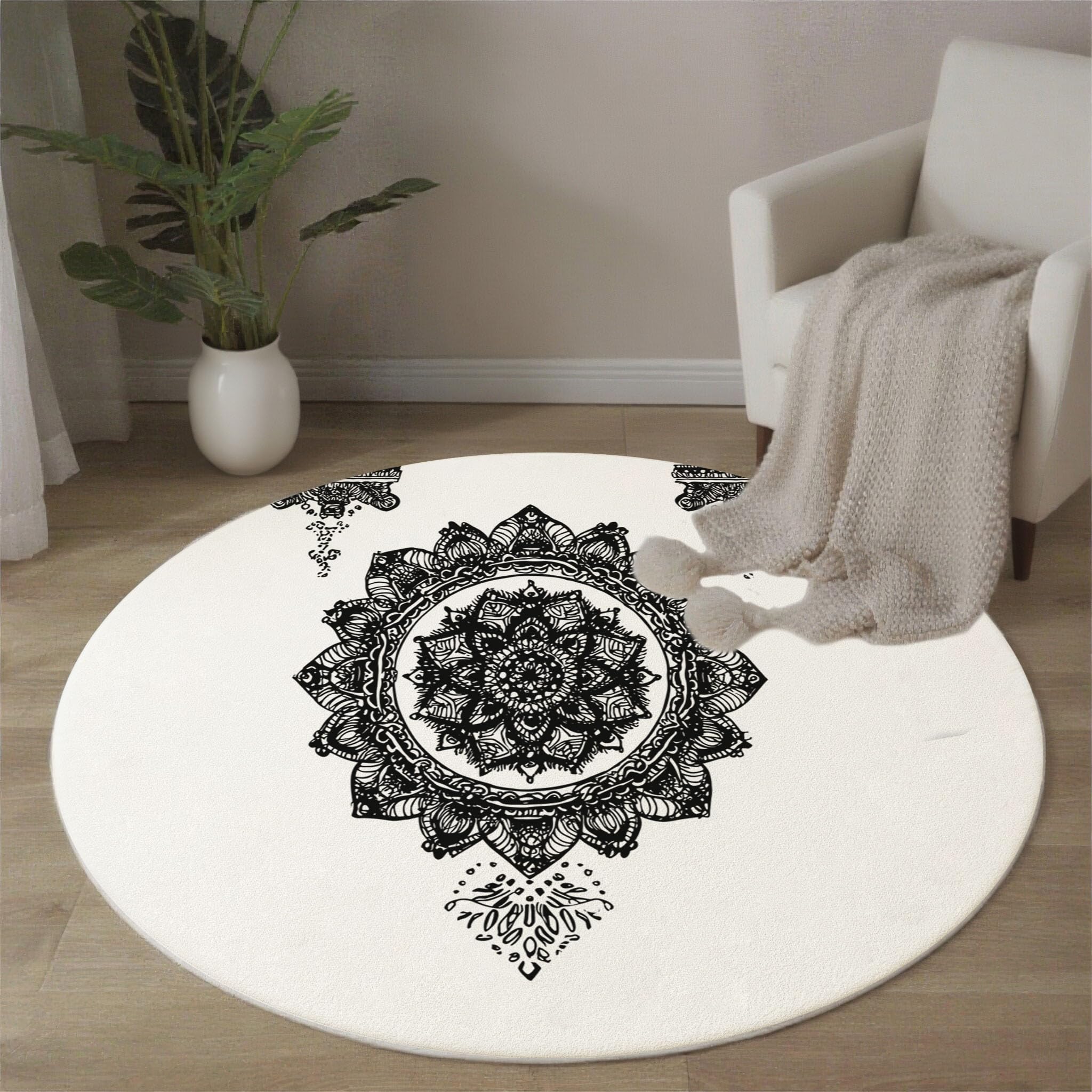 Tapis Rond Mandala Noir Et Blanc pour Salon, 180cm Circulaire Tapis Art Géométrique Minimaliste Douce Lavable Et Antidérapante pour Chambre Intérieure, Blanc