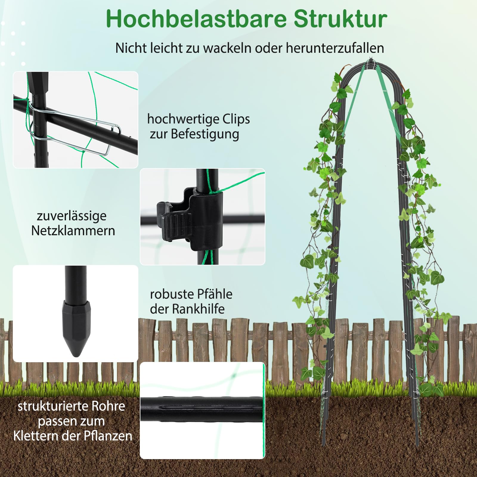 RELAX4LIFE Rankgitter für Kletterpflanzen, 180 cm hoch, U-förmiges Rankhilfe Garten, einstellbare Breite, Pflanzenstütze Metall mit Ranknetz & Clips, Pflanzenspalier für Gurken, Tomaten, Erbsen