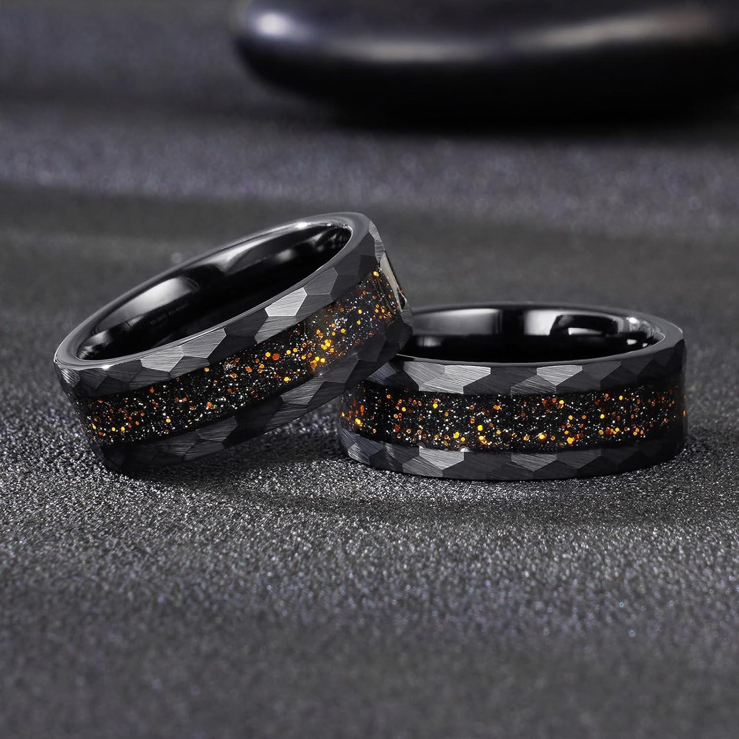 Tungsten Rings for Men 8mm Black/Silver/Gold Fashion Promise Wedding Band Hammered Groove Meteorite Orbo Carbide Beveled Polished Edge Comfort Fit - Image 4