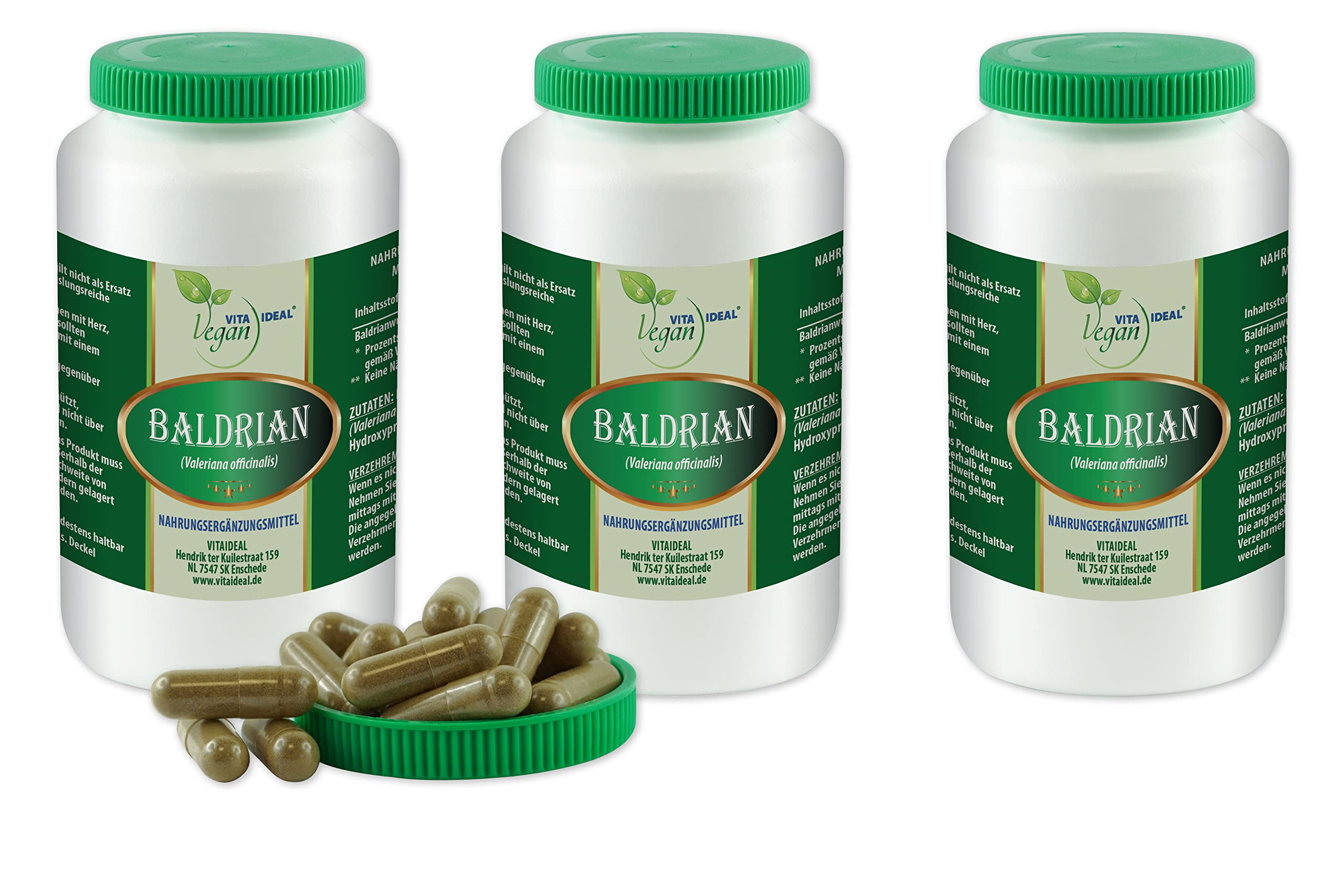 VITA IDEAL Vegan® Baldrian Wurzel 3x 360 Kapseln - Valeriana officinalis - Tagesportion 1000mg Baldrianwurzel reines Pulver. Natürlich, pflanzlich und ohne Zusatzstoffe, original von VITAIDEAL.
