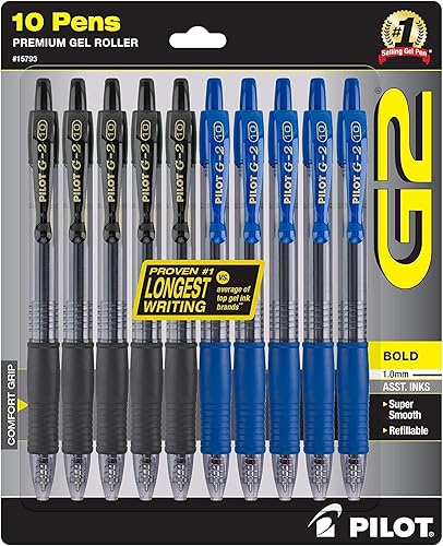 PILOT G2 - Bolígrafos de punta gruesa, recargables y retráctiles, 10 unidades, 5 negros y 5 azules