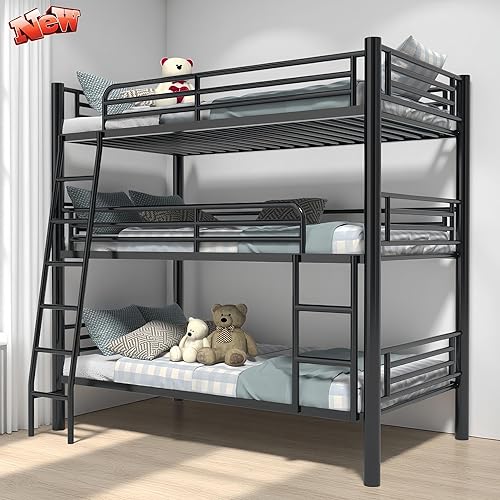 New Upgrade Metal Twin Over Twin Over Twin Triple Bunk Bed Frame,Detachable Heavy Duty Steel 3 Bunk Beds with 2 Ladder & Guardrail for Kids Adults Teens Boys, No Box Spring Need (Black)
