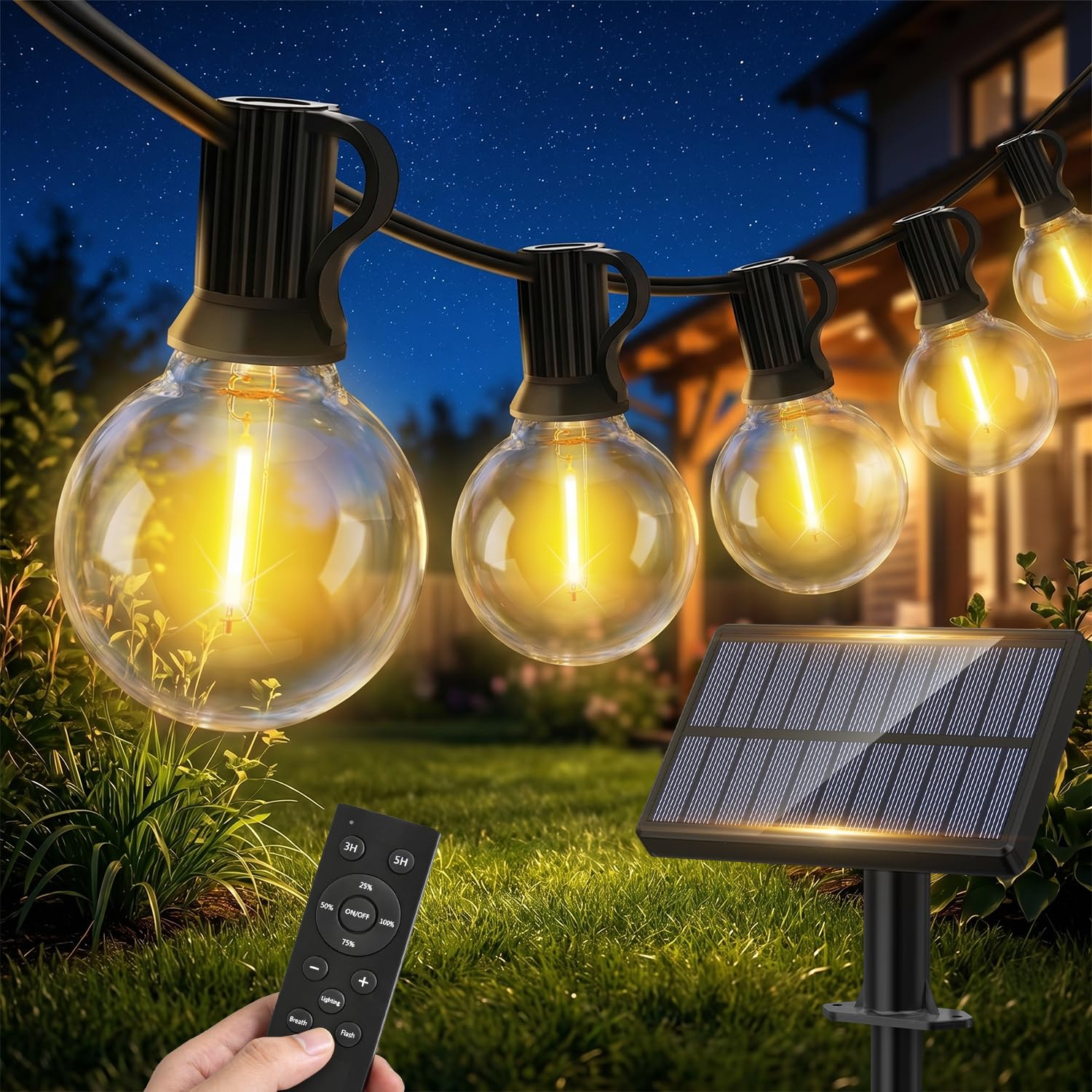 Warlisou White Solar-String-Lights-Outdoor-Garden - G40 String Lights Outdoor Festoon - Remote Control 10M Garden Light Outside Solar Powered Waterproof Led - Patio Party Gazebo Weding 15+1 Bulbs