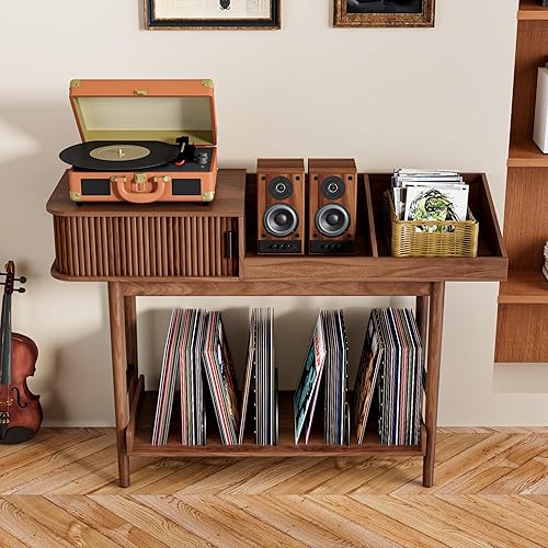 Miniatura 6 de Soporte para tocadiscos moderno de mediados de siglo, almacenamiento de discos de vinilo con puertas corredizas acanaladas, mesa grande para