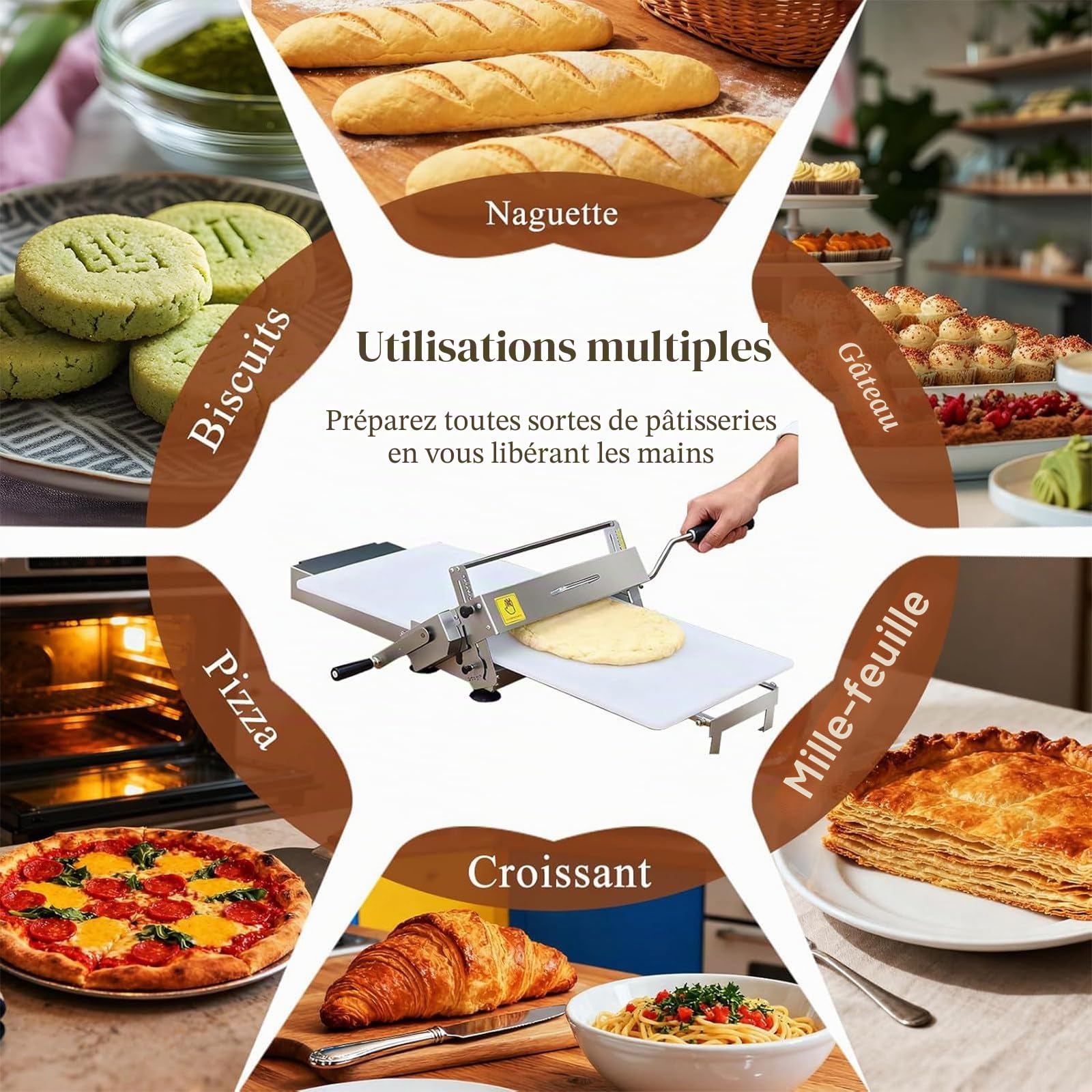 Laminoir à pâte Manuel Pliable, Rouleau à pâtisserie en Acier Inoxydable avec épaisseur réglable de 0 à 25 mm, Usage Commercial et Domestique, pour Pizzas, Croissants et pâtisseries TypeB