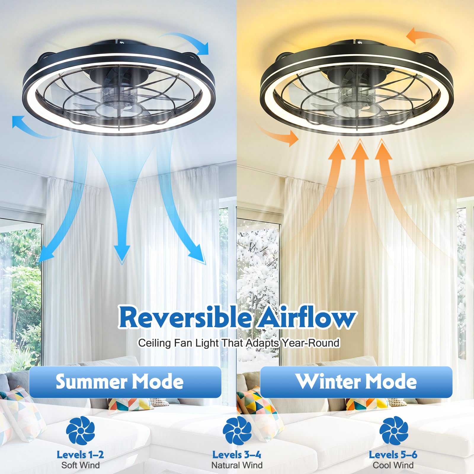 Deckenventilator mit Beleuchtung, dimmbar, Ø48cm, 6 Stufen, 3000-6500K, Fernbedienung & App, Timer, Schwarz