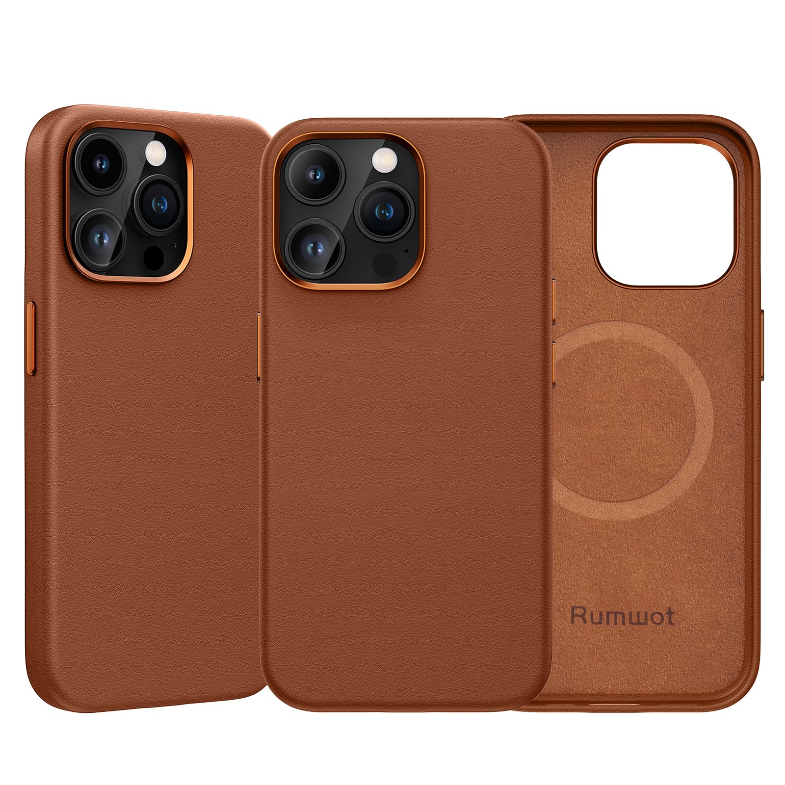Rumwot Genuine Leather Case for iPhone 13 Pro | Full Grain Leather| Compatible with MagSafe and Wireless Charging | Metal Buttons Camera Bezel | Slim Fit-Drop and Scratch Resistant (Brown)