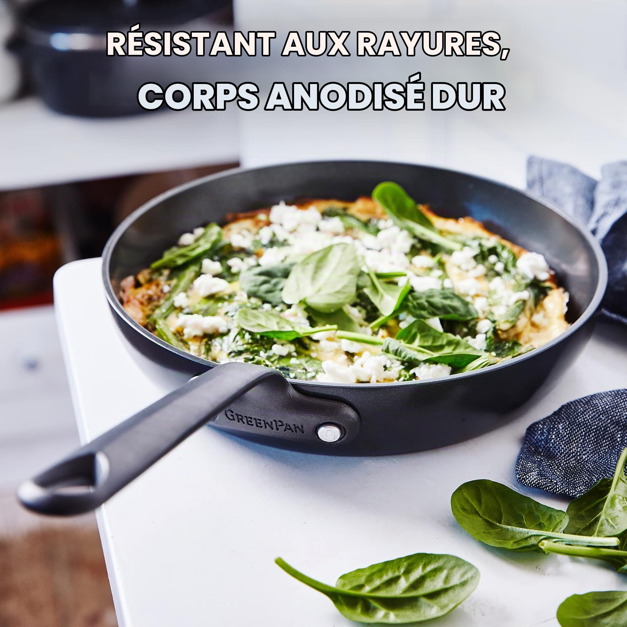 GreenPan Craft Poêle à frire antiadhésive en céramique anodisée dure de 24 cm, sans PFAS, sans induction, sans risque pour le lave-vaisselle, sans risque pour le four, noir