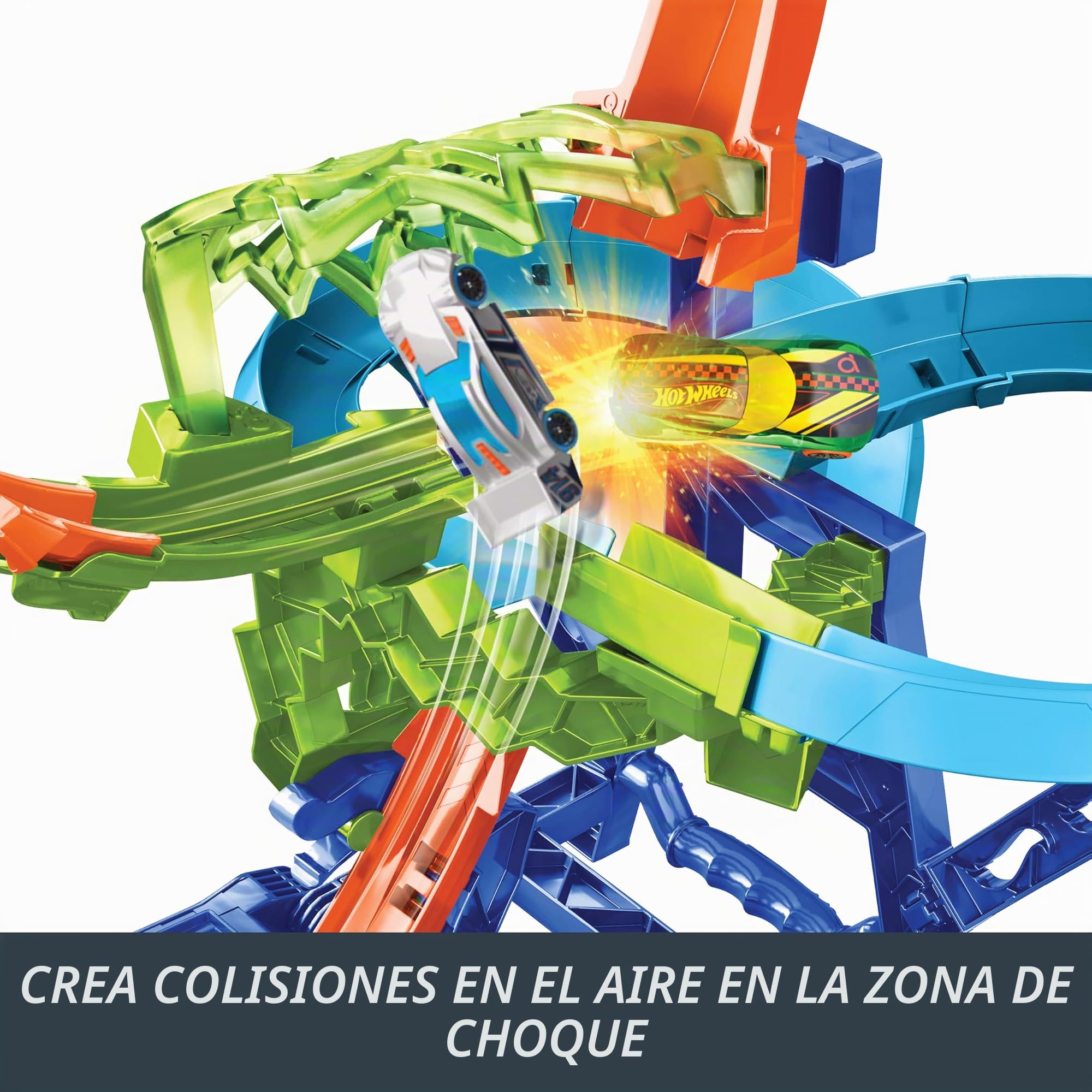 Hot Wheels Conjunto de Pista y Coche de Juguete, Pista de Acrobacias con Choque en el Aire, Incluye un Coche metálico a Escala 1:64 con propulsor motorizado para Correr y Realizar Acrobacias, JFD12
