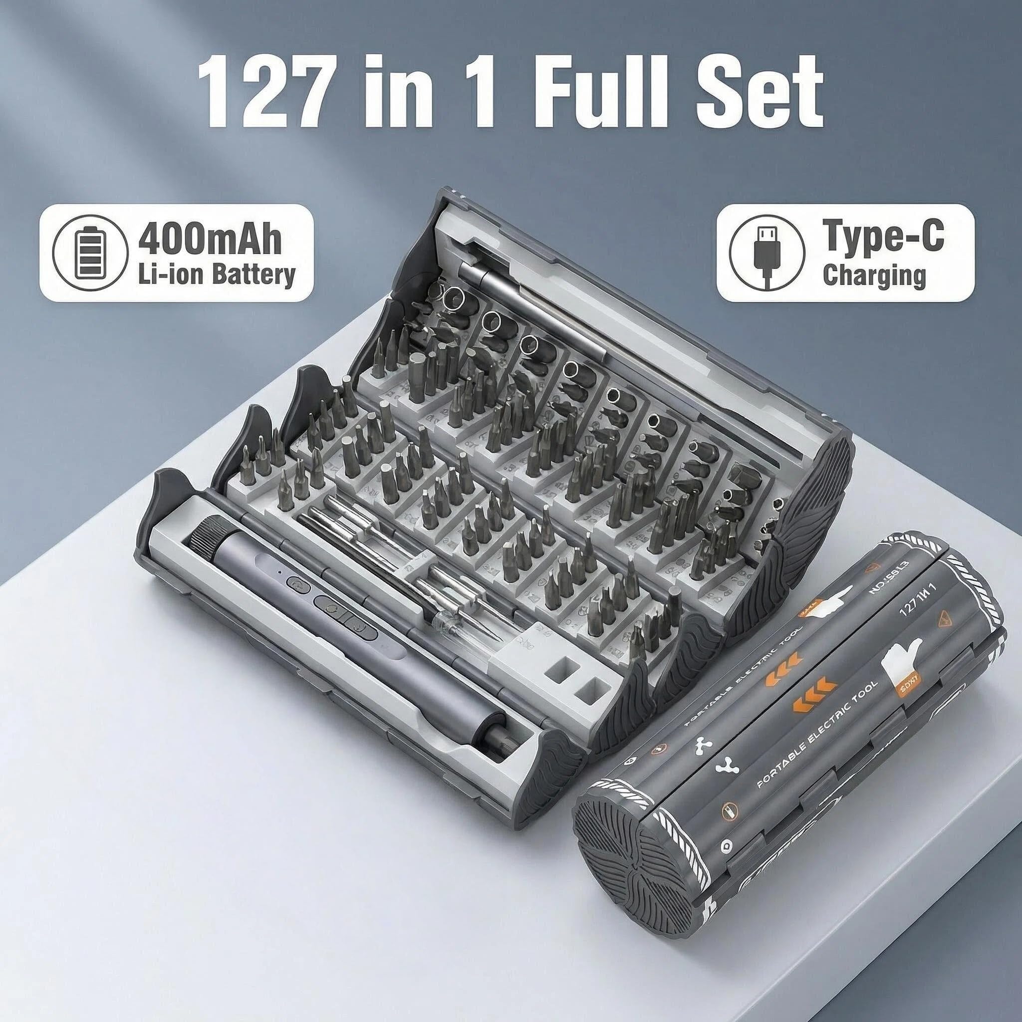 Juego de destornilladores eléctricos de precisión, puntas magnéticas 127 en 1, USB C recargable, luz LED, modos manuales y eléctricos, kit de herramientas de reparación portátil inalámbrico