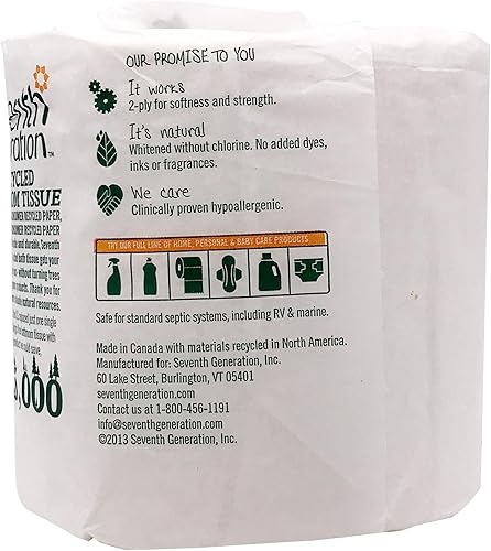 Miniatura 7 de Seventh Generation 13733CT - Pañuelo de baño 100% reciclado, 2 capas, blanco, 300 hojas por rollo (caja de 48)