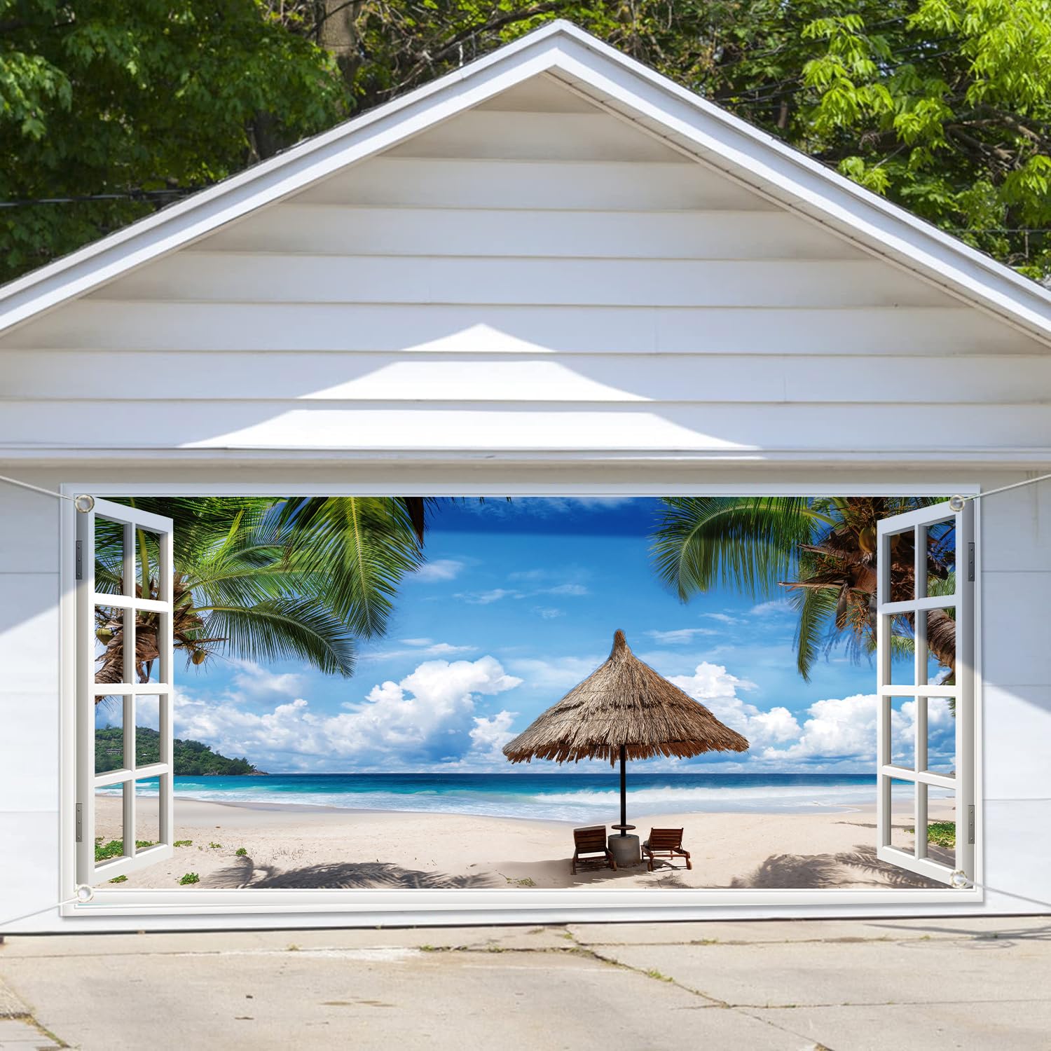 Ocean Beach Garage Door Cover 7 x 16 ft Tropical Hawaiian Seaside Summer Window Scenery Outdoor Backdrop for Photography Birthday Wedding Party