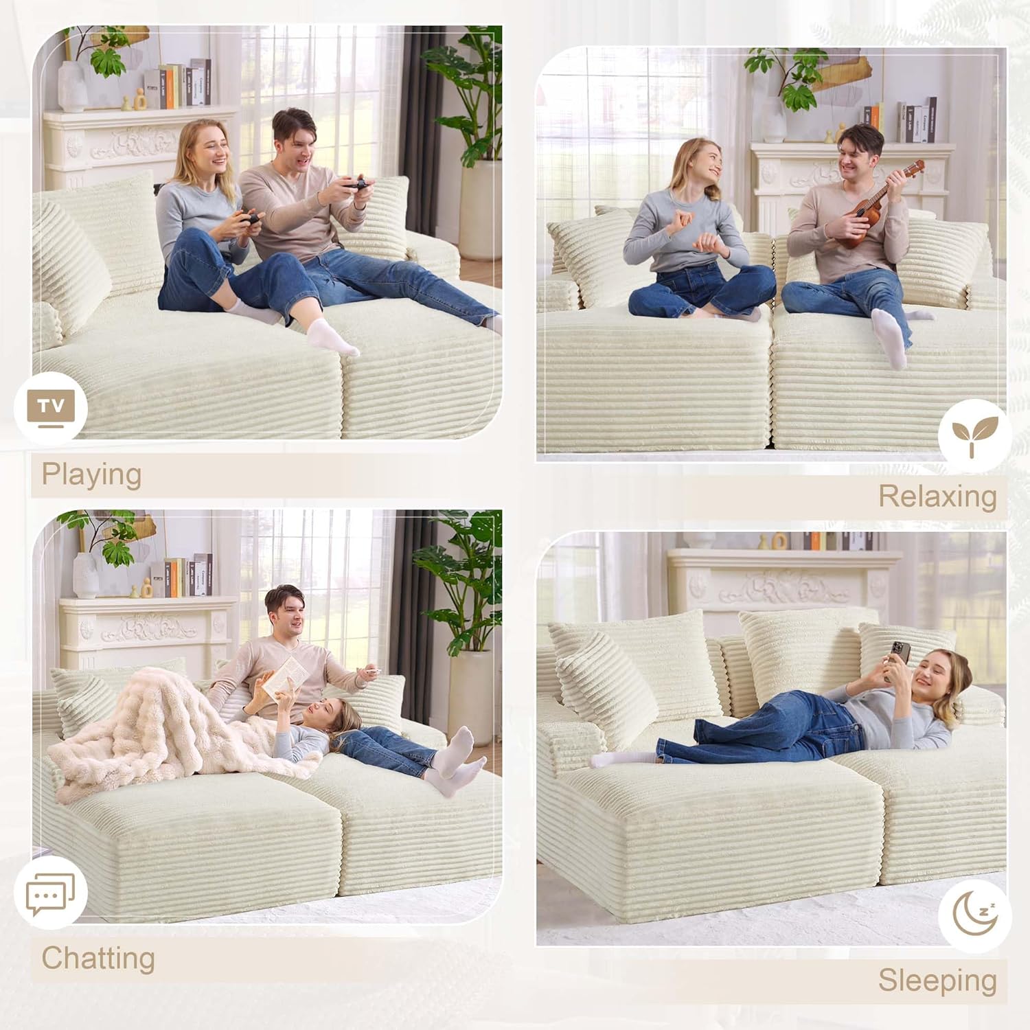78.8" W Oversized Double Chaise Lounge Sofa Bed, Corduroy Chaise Lounge Chair Indoor, Boneless loveseat with Pillows & Wide Armrest, Deep Seat Cloud Couches for Living Room, Bedroom, Beige