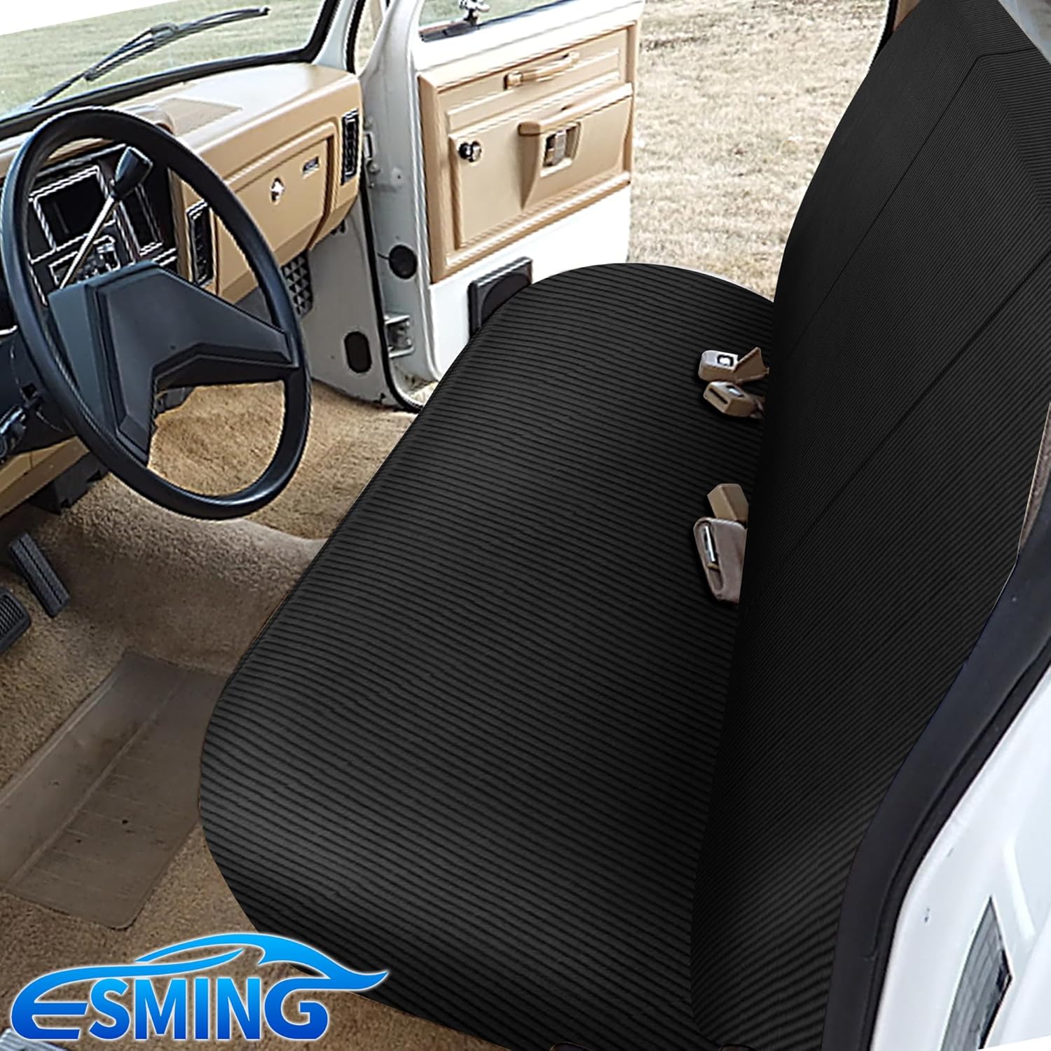 ESMING Universal Heavy-Duty Textured Front Bench Seat Cover for Ford for Chevrolet for Dodge & Full Size Pickup Trucks Corduroy Fabric with Storage Pockets - Black