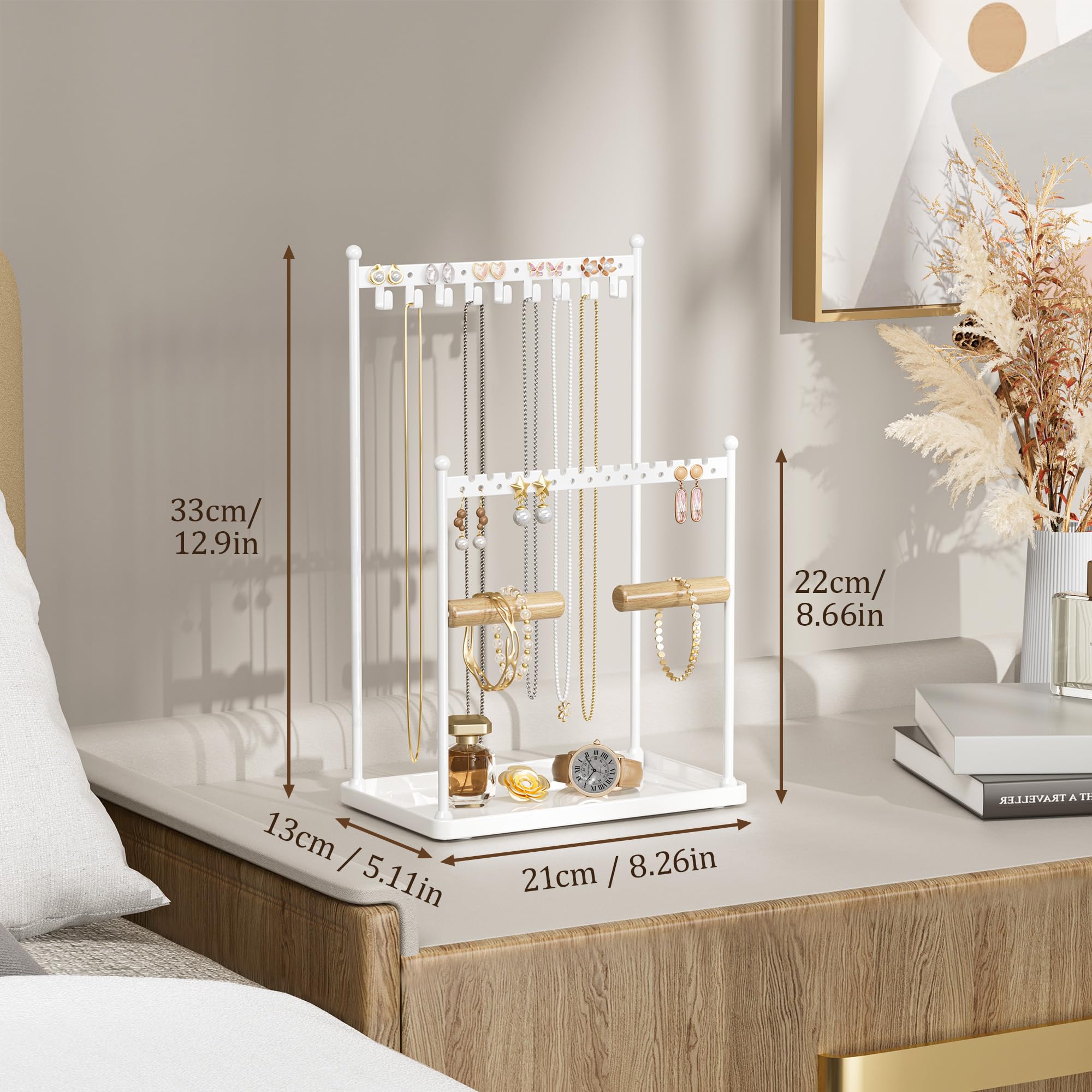Jewelry Stand Necklace Holder Organizer – 3-Tier Jewelry Display Rack with Storage Tray – Holds 22 Pairs of Earrings, Bracelets, Rings, Necklaces – Gift for Girls & Women, White