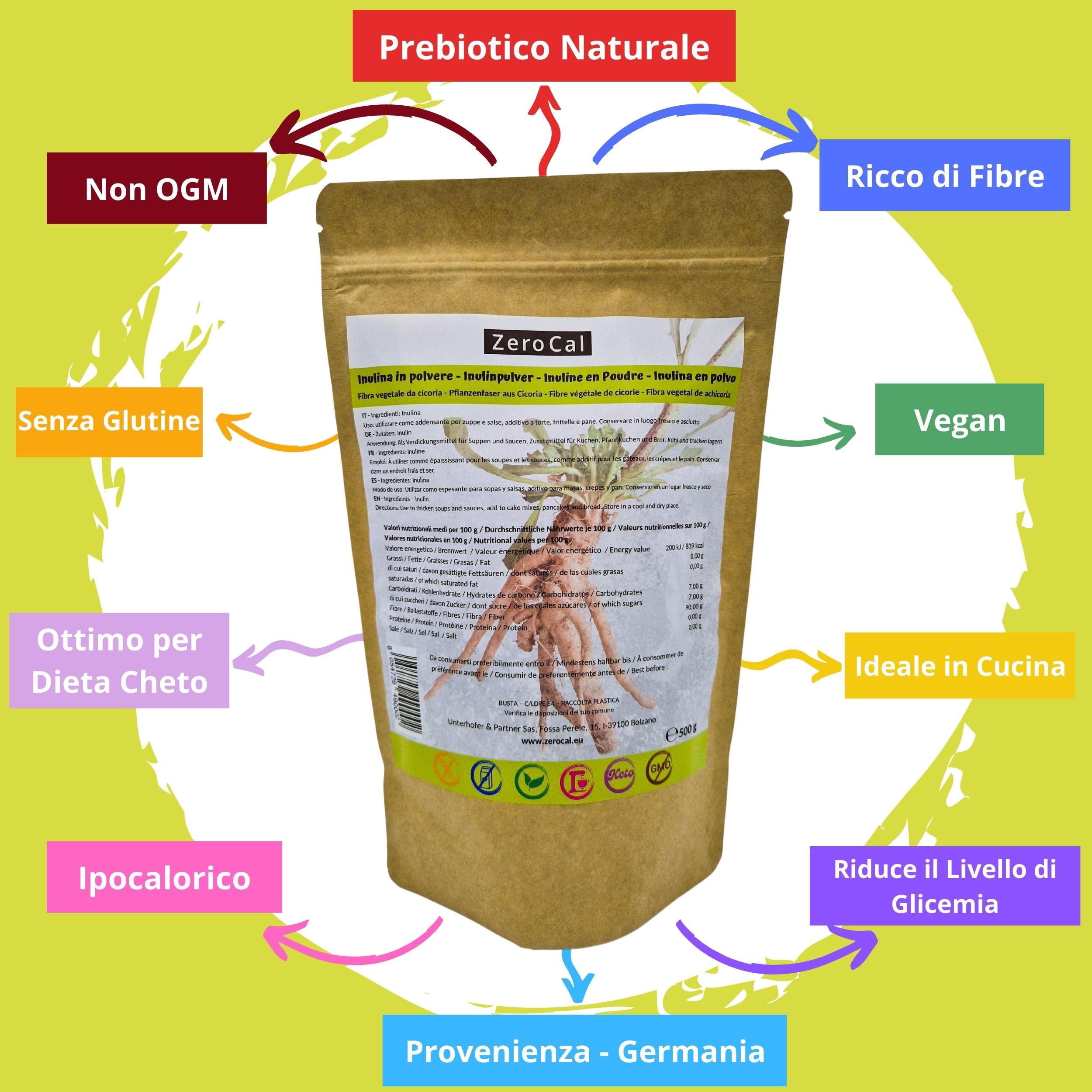 ZeroCal - Inulina da Cicoria in Polvere Pura 500g | Fibra Vegetale Prebiotica da Radici di Cicoria | Basso Contenuto Calorico | Provenienza Germania