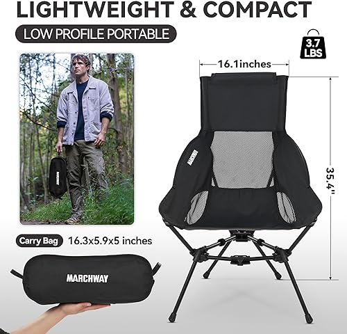 Miniatura 3 de MARCHWAY Silla de camping plegable ligera con respaldo alto con soporte para la cabeza, estable y portátil compacta para campamento al aire libre,