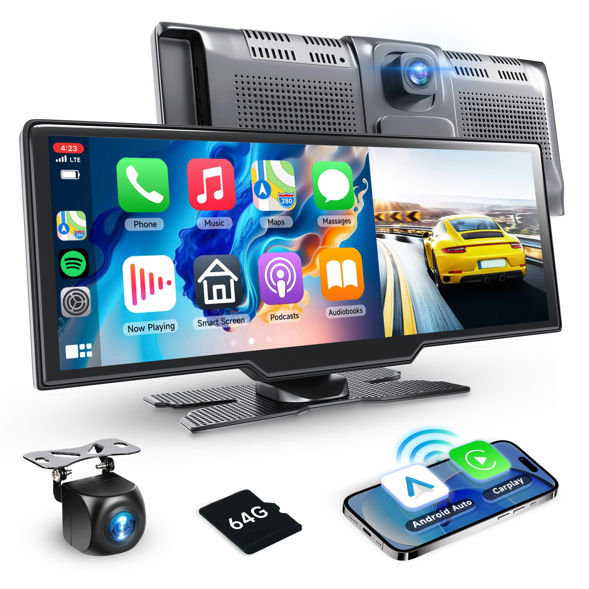 Podofo draagbaar draadloos carplay screen met 2K dashcam voor-en HD- achteruitrijcamera, 9,3-inch draadloos autospel Android Auto touchscreen- display met Bluetooth/GPS/Siri/FM/AUX/64G TF-kaart