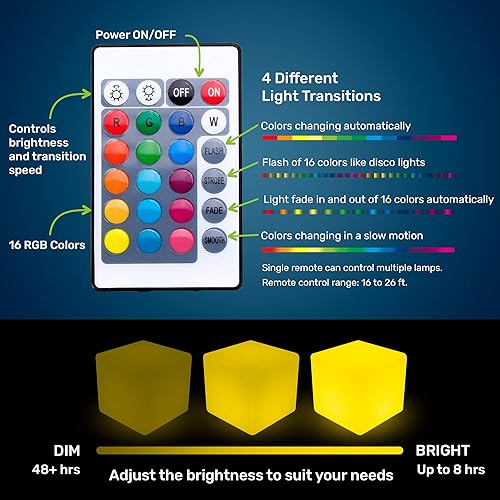 Miniatura 8 de Hullaballoo Cubo de luz decorativa recargable LED de 16 pulgadas, impermeable, regulable, cambio de color RGB ajustable con control remoto para