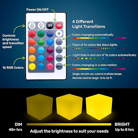 Hullaballoo 8-Inch LED Dimmable Glow Cube Waterproof Rechargeable Adjustable RGB Color Changing with Remote Control, Sensory Toys for Kids, Night Light Indoor Outdoor Decorative Lighting photo 2