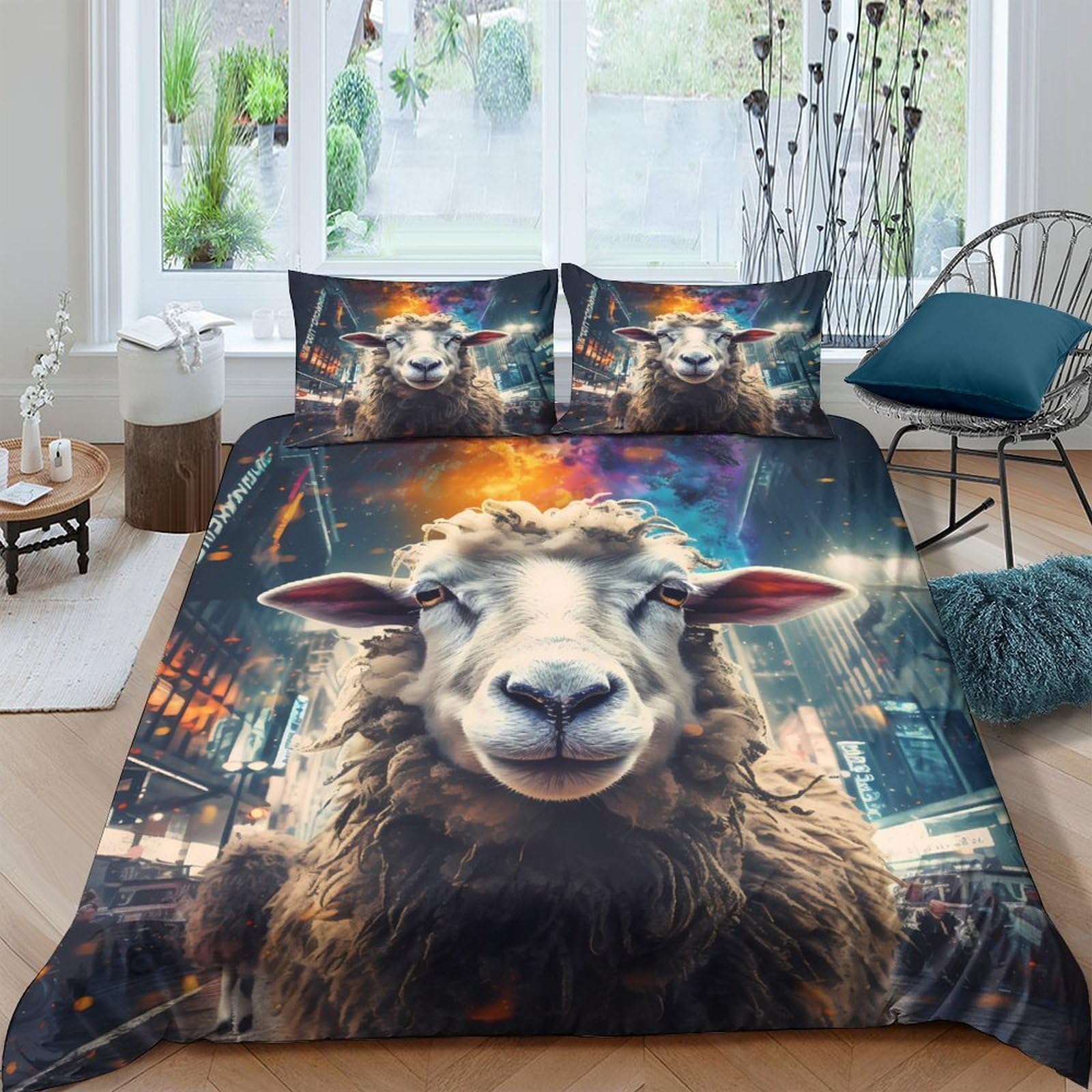 Ctjqhvkz Style-2 3D Printed Sheep Cityscape Fitted Sheet Microfiber Soft Urban Night Bed Cover For Bedroom Dorm Mattress Decor Single（135X200cm）