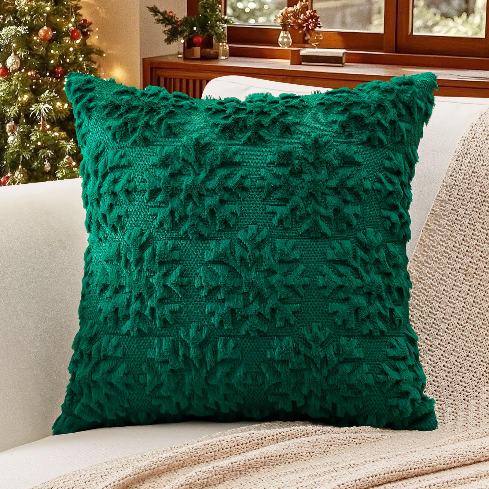 Artscope Set of 1 Xmas Soft Plush Short Wool Velvet Decorative Cushion Covers 60x60cm Square Luxury Style Throw Pillow Covers Pillow Shell for Sofa Bedroom Christmas Snowflake Green — image 1