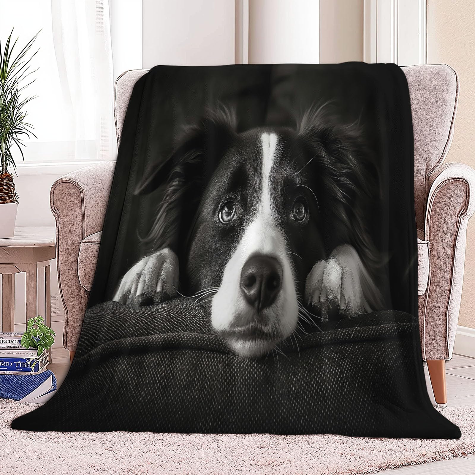 Générique Flanelowy koc dla zwierząt Border Collie 220 x 240 cm Koc polarowy, ciepły i miękki pluszowy koc na sofę Czarny pokrowiec na łóżko na sofę krzesło kempingowe