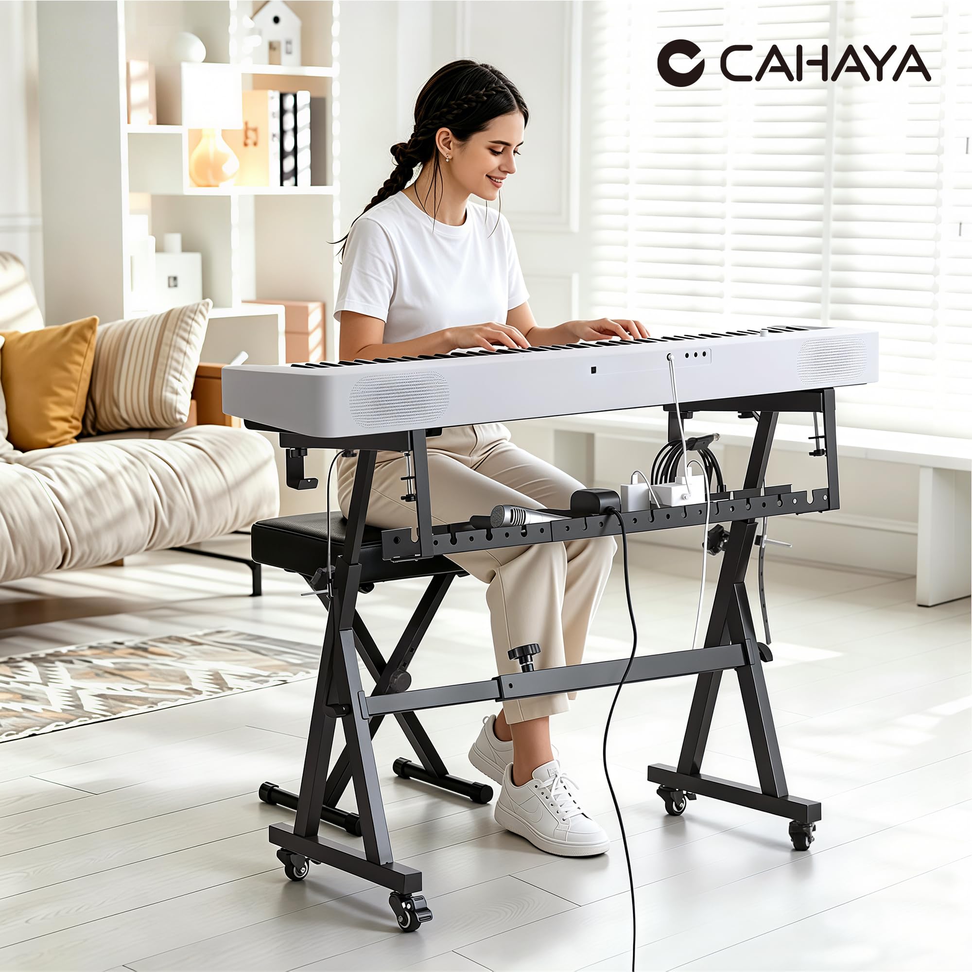 CAHAYA Soporte Teclado Banco Set: Z-Style Ajustable con Ruedas Plegable con Bandeja Acolchado para 54 61 76 88 Teclas Piano Digital