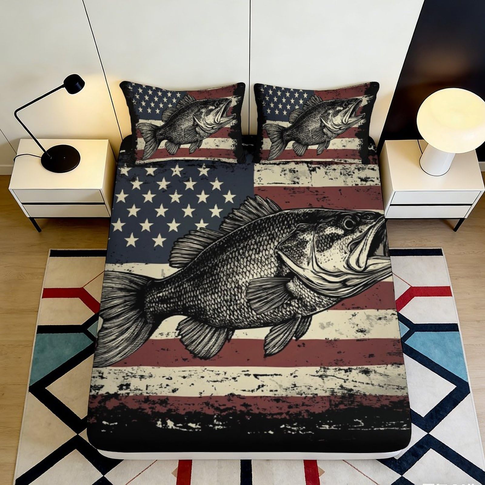 3D Printed American Flag Fitted Sheet Microfiber Soft Large Fish Mattress Cover for Bedroom Dorm Protection Decor 90x200x25cm