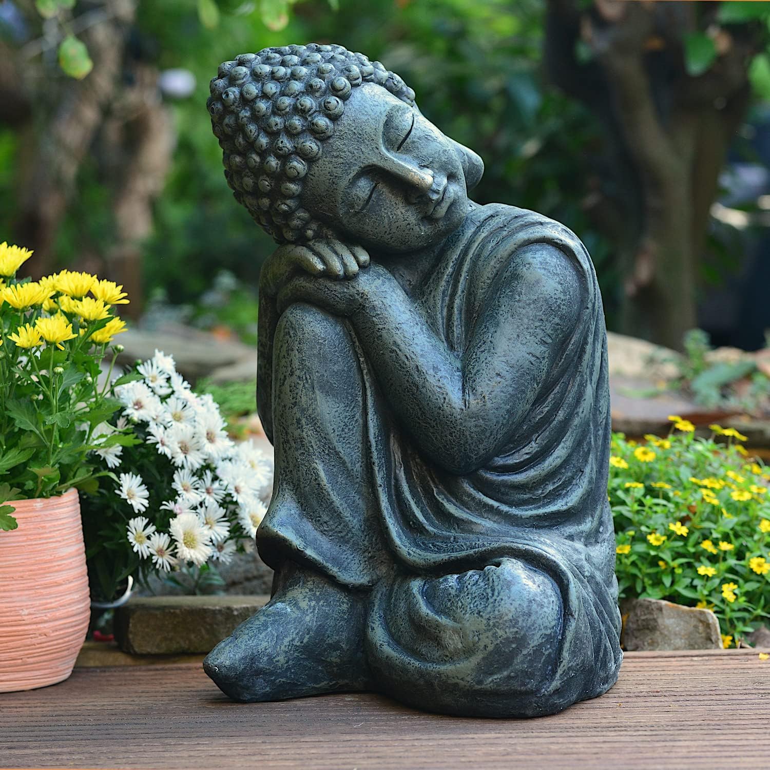 Bouddha de Jardin 44 cm Endormi – Statue Bouddha Aspect Pierre Gris – Déco Figurine Décorative pour Jardin, Terrasse & Balcon