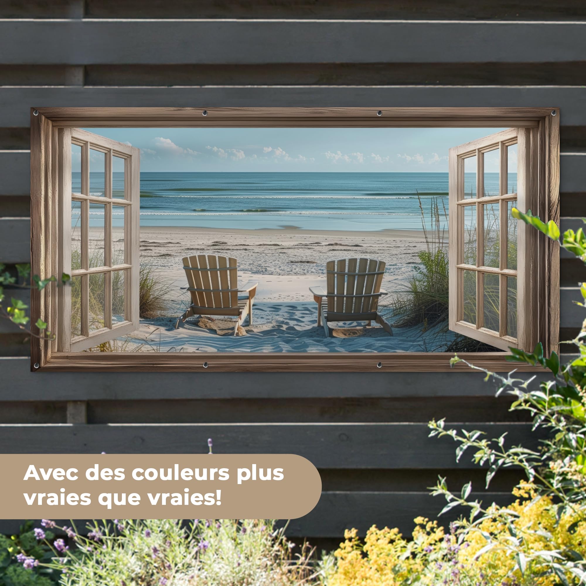 MuchoWow© Póster De Jardín 200x100 cm Terraza Exterior Accesorios Jardin Decoracion Pared Decorativa Balcon Wall Decoration Posters Decorativos Transparente - Sillas Playa - Dunas - Mar