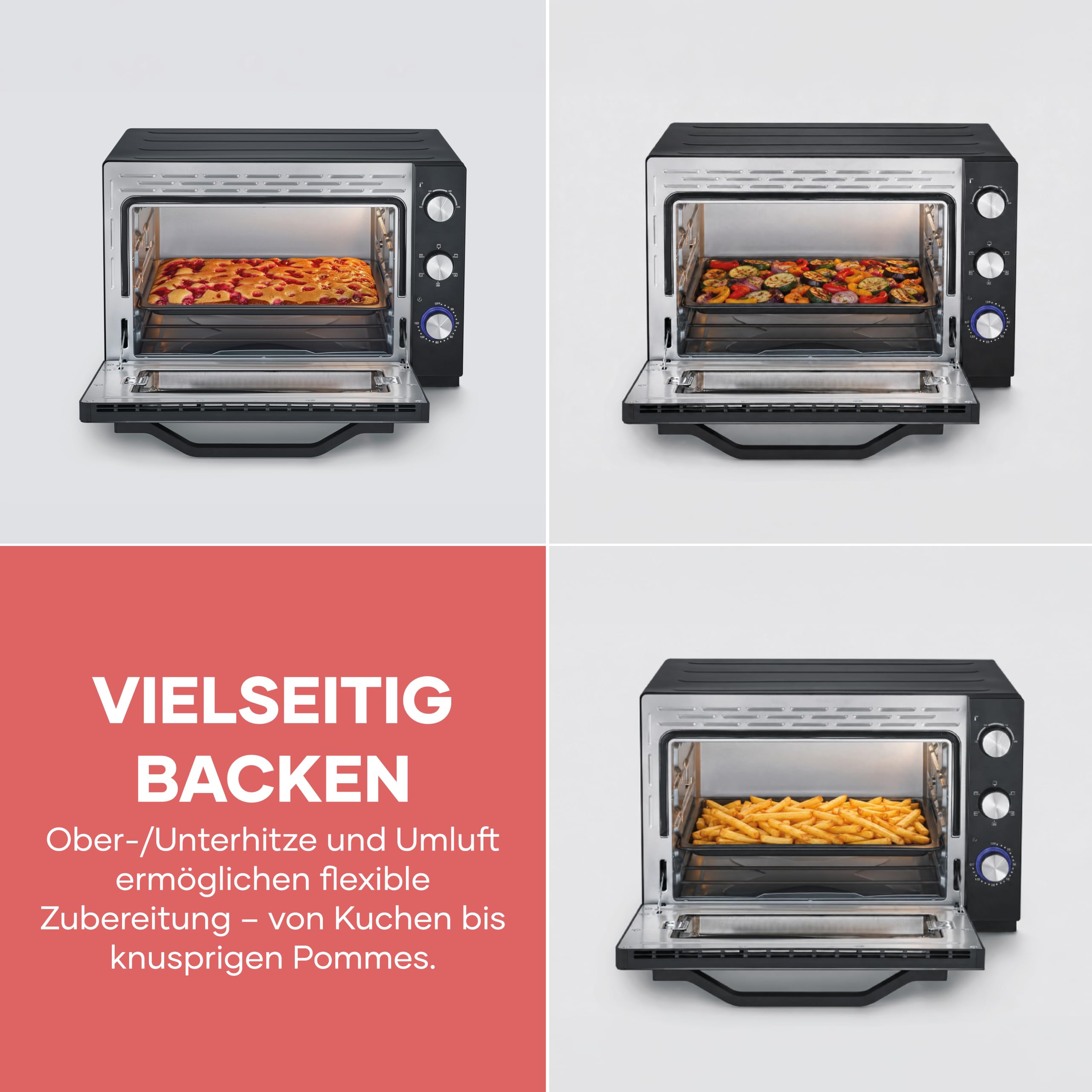 SEVERIN XXL Back- und Toastofen mit Umluftfunktion, inklusive Grillrost, Backblech, Drehspieß und Pizzastein, vielseitiger Heißluftofen mit 60 L Kapazität, 2.200 W, schwarz, TO 2073