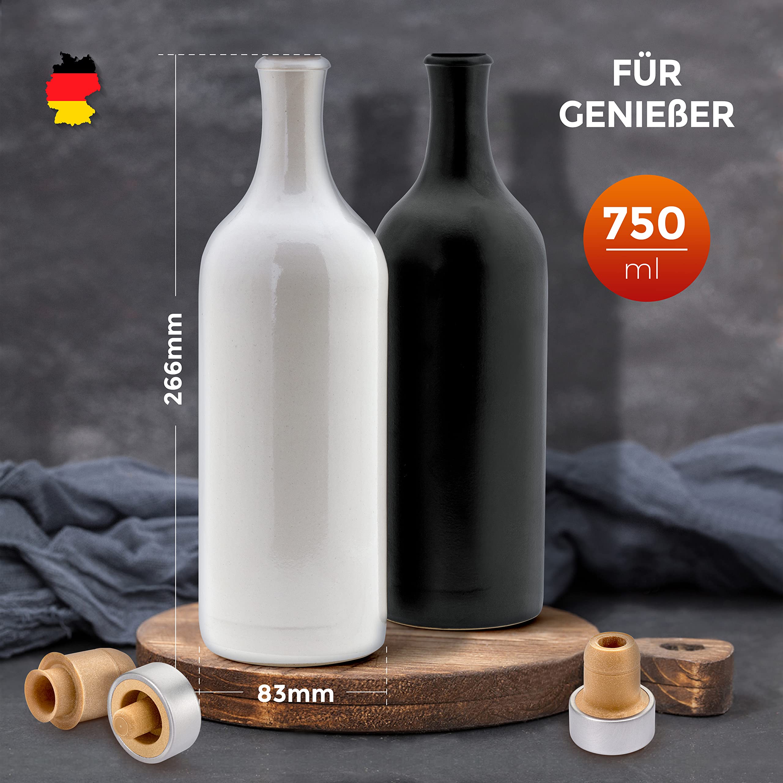Gourmet Essig & Öl Flaschen mit Ausgießer, Made in Germany, Steinzeug, 2x 750ml, schwarz/weiß