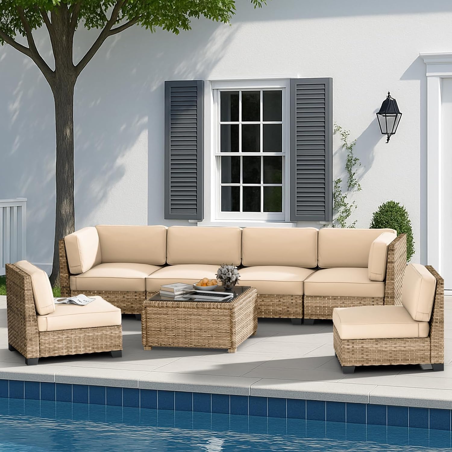 Outdoor Patio Replacement Furniture Cushions, Water-Repellent Outdoor Cushions Replacement for Sectional Patio Conversation Sets, 14-Piece Cushions Set for 6-Seat Outdoor Couch(Khaki)