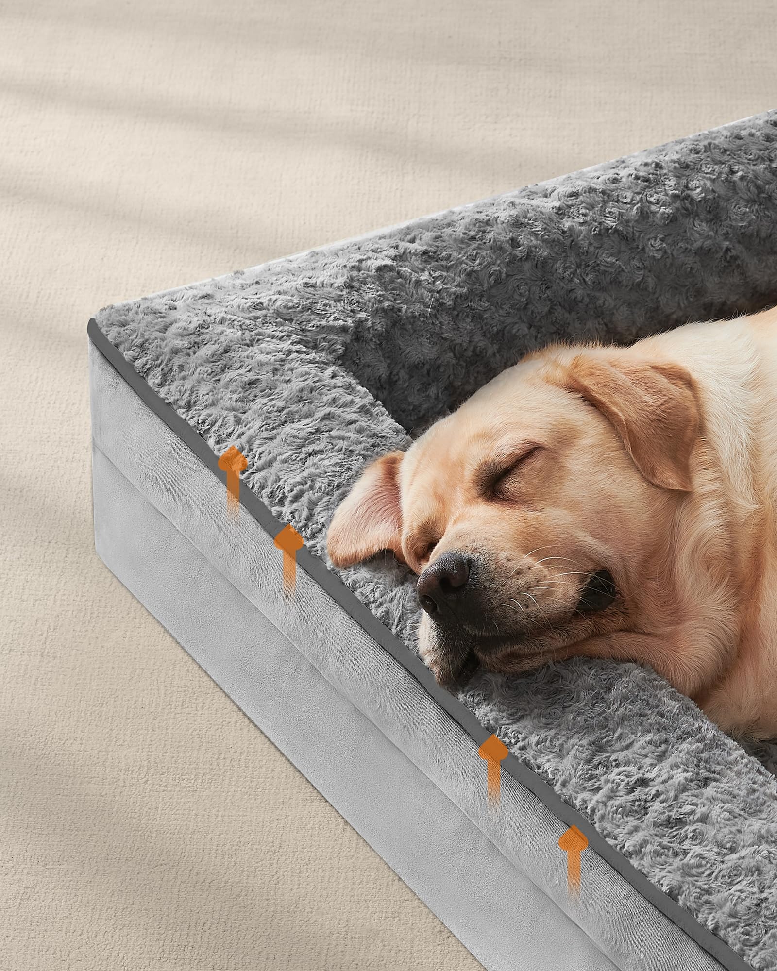 Feandrea Cuccia Cane Interno, Cuccia per Cani, Lettino per Animali, Ortopedico con Gommapiuma Ondulata, Bordi Rialzati, Copertura di Peluche Sfoderabile, 122 x 89 x 18 cm, Grigio Tortora PGW254G01