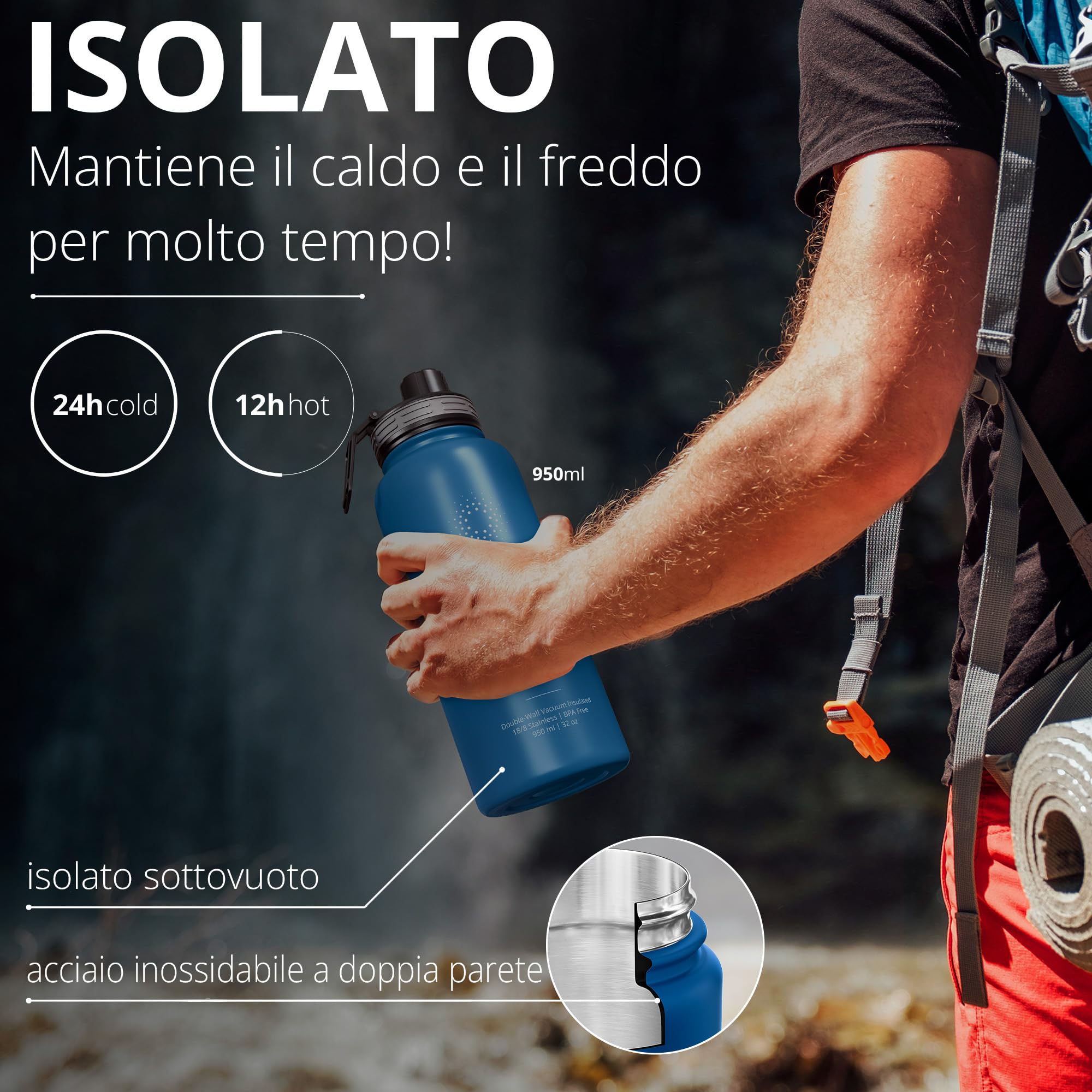 Bottiglia Acqua Termica INOX ACTIVE FLASK + Cannuccia (3 Tappi), Senza BPA, 1l/500ml | Borraccia Isotermica Acciaio - Caldo/Freddo, Ufficio Outdoor Sport Bicicletta viaggio fitness, Caffe Te