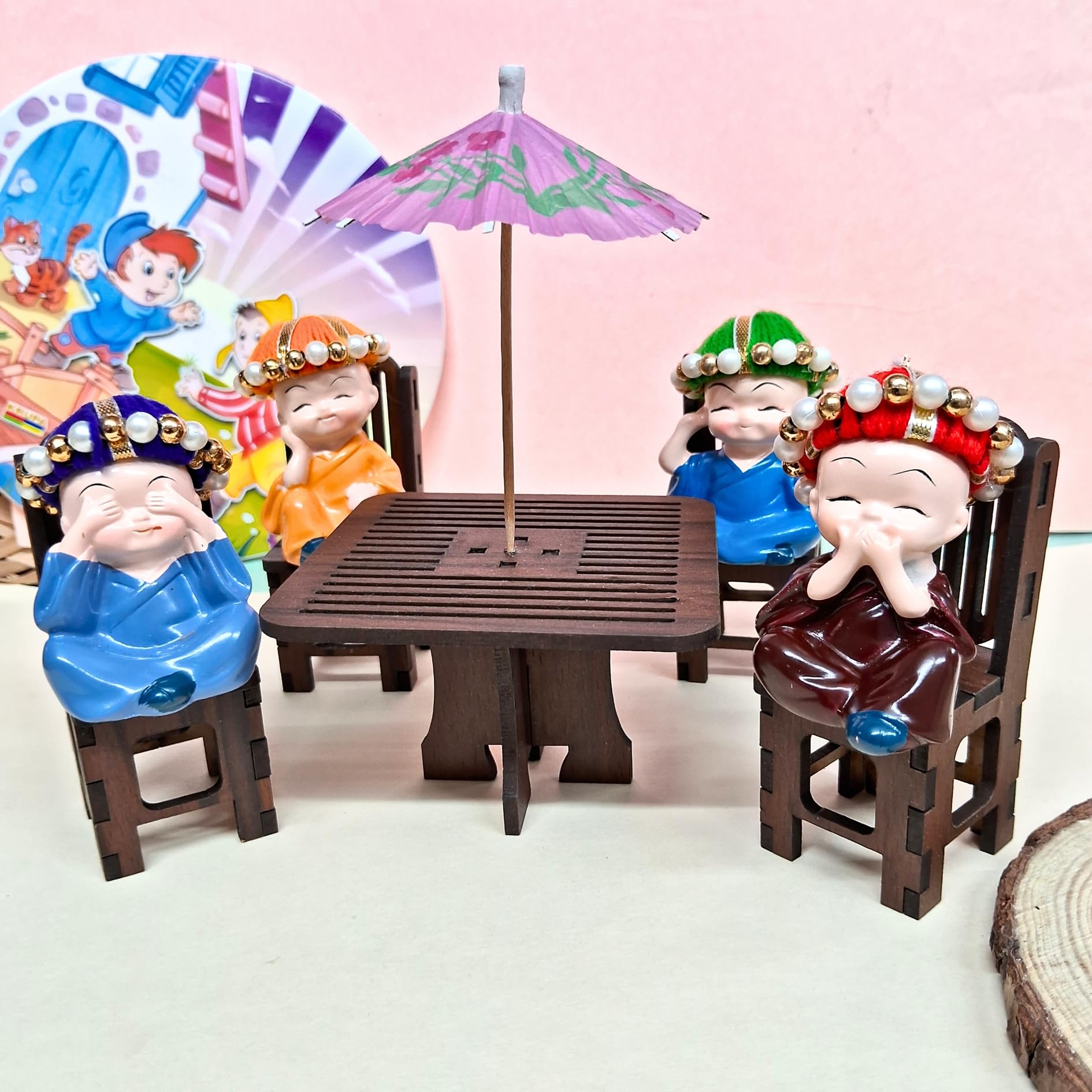 Alaukik Monk Buddha Figurine Set of 4 with Miniature Wooden Table, Chair and Umbrella Decor Set