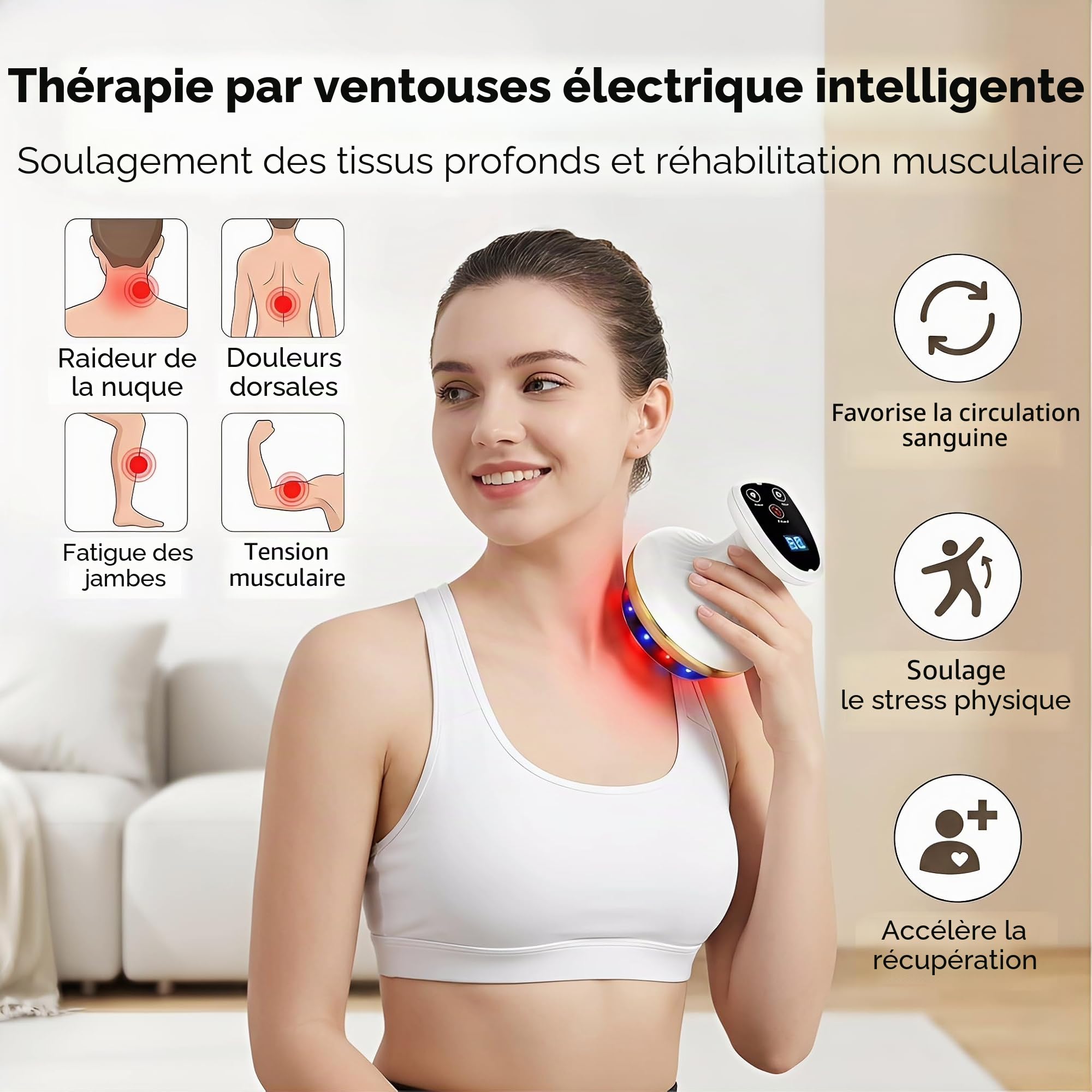 Masseur de cellulite 4 en 1, appareil de massage sous vide avec 9 niveaux de thérapie thermique et LED rouge-bleu, appareil anti-cellulite pour raffermissement du corps, drainage lymphatique