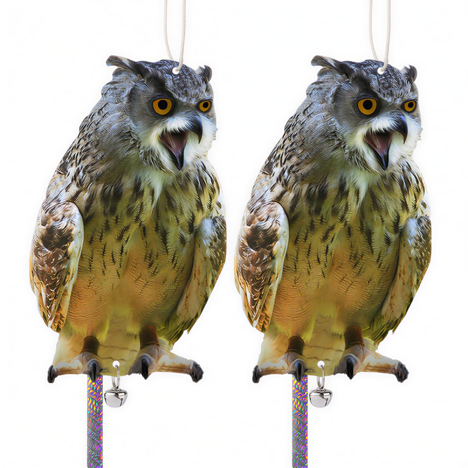 Pigeon Deterrent, 2PCS Hanging Fake Owl with Reflective Tape Bird Scarers for Gardens Flat Owl Decoy to Scare Birds Away Bird Deterrent Owls to Keep Birds Away from Trees Patio Windows Porch Roofs