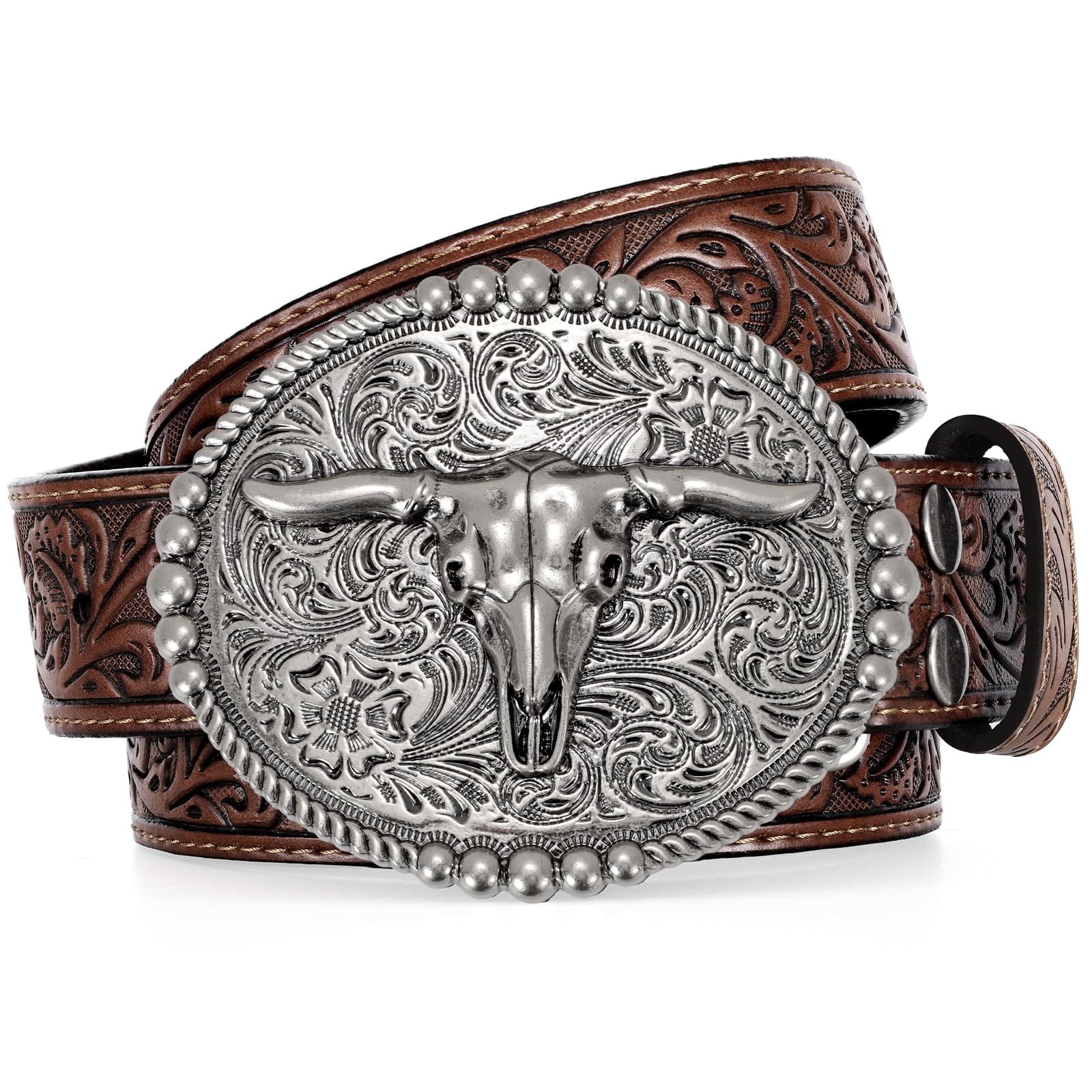 SANSTHS Cowboy Belts for Men Women, Western Leather Belt with Big Buckles Mexican Country Black Longhorn Bull Belt for Jeans